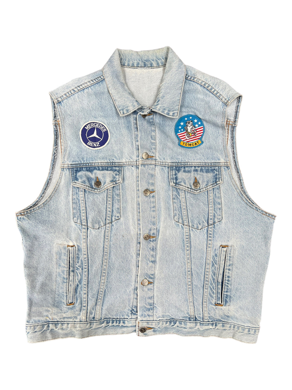 Route 66 90s Denim Vest w/ Patches Mercedes Embossed Logo Size Large