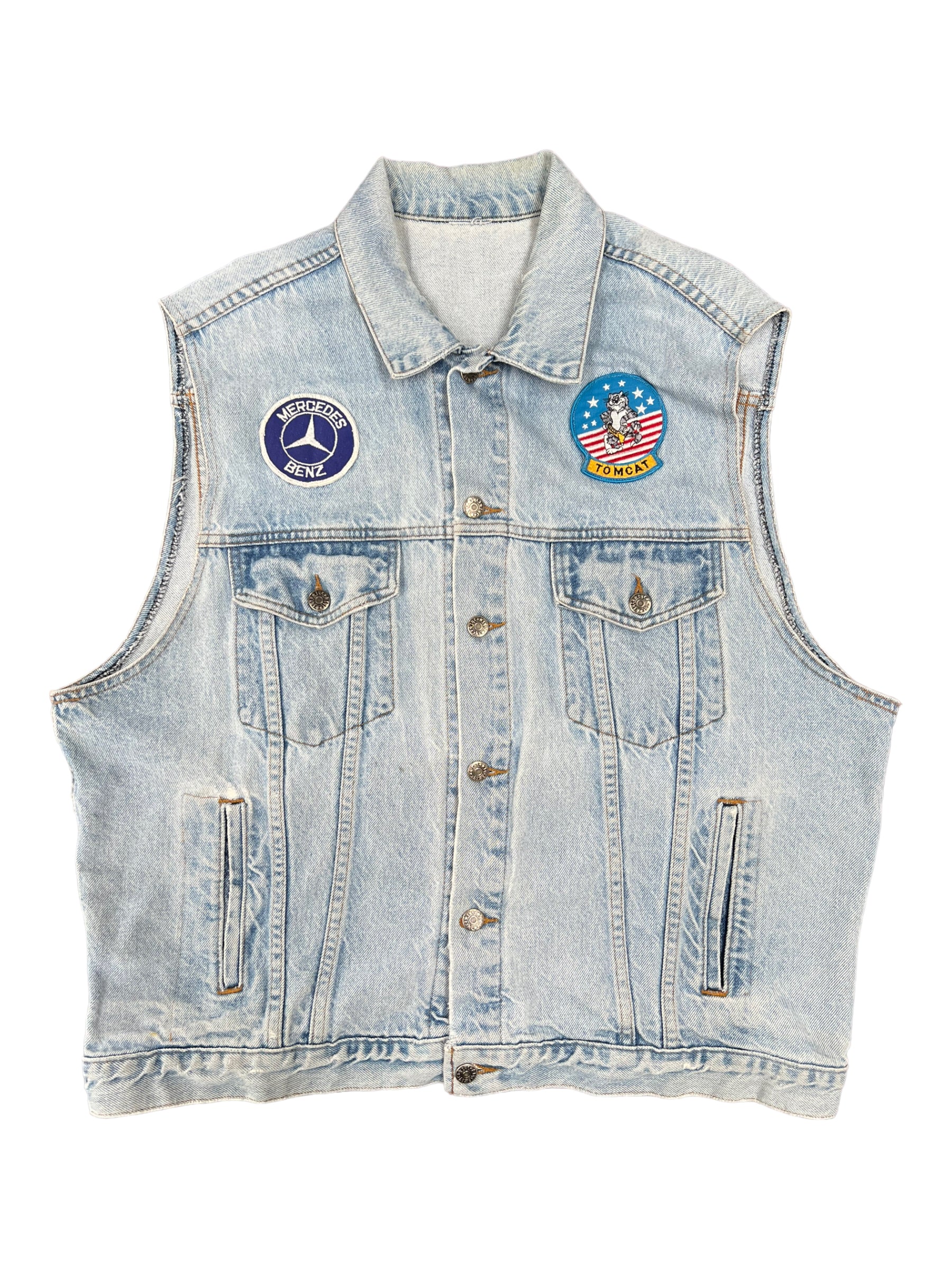 Route 66 90s Denim Vest w/ Patches Mercedes Embossed Logo Size Large