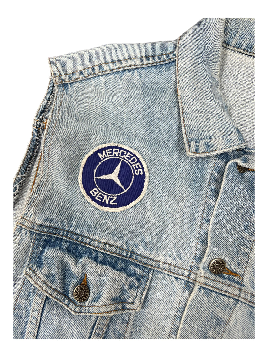 Route 66 90s Denim Vest w/ Patches Mercedes Embossed Logo Size Large