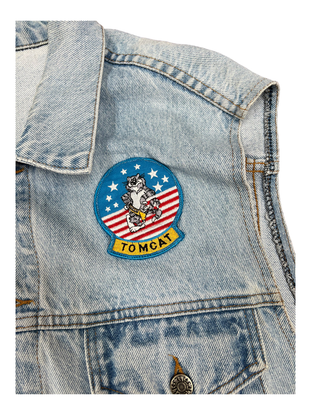 Route 66 90s Denim Vest w/ Patches Mercedes Embossed Logo Size Large