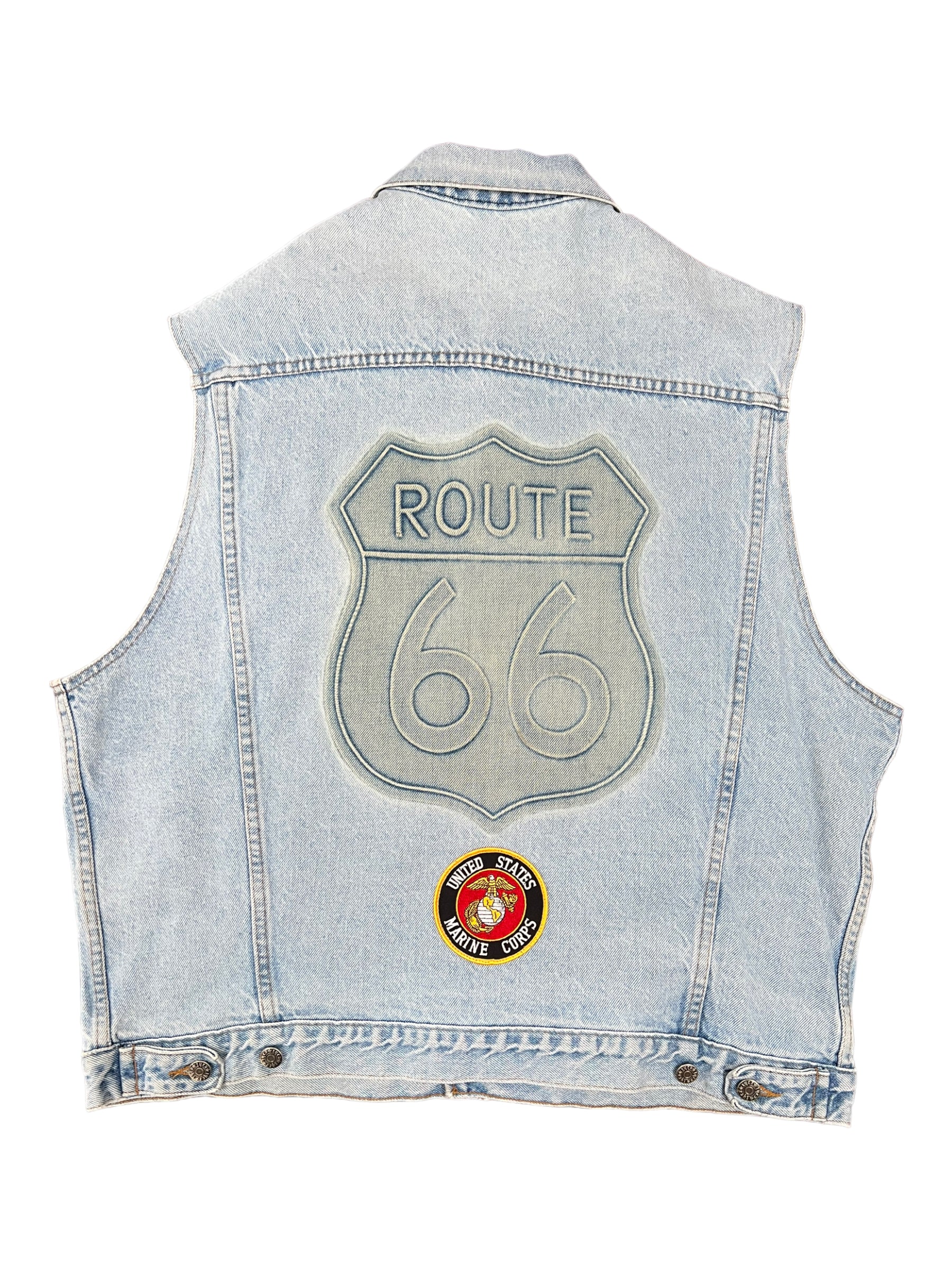 Route 66 90s Denim Vest w/ Patches Mercedes Embossed Logo Size Large
