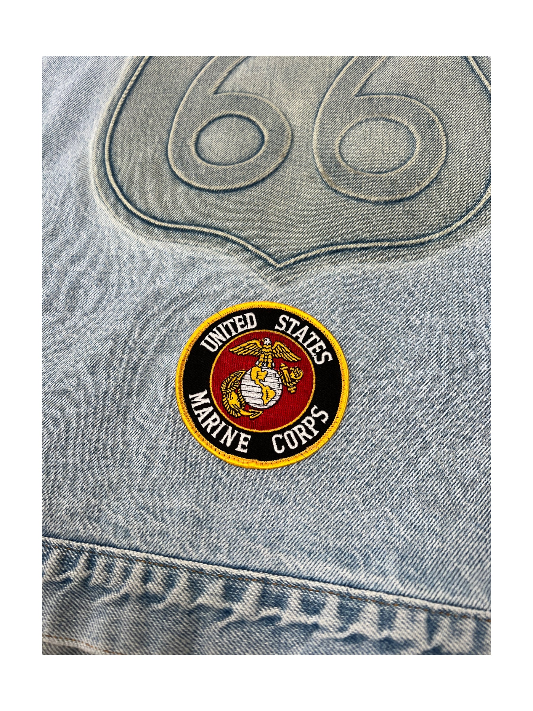 Route 66 90s Denim Vest w/ Patches Mercedes Embossed Logo Size Large