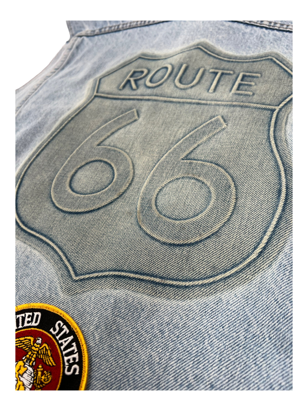 Route 66 90s Denim Vest w/ Patches Mercedes Embossed Logo Size Large