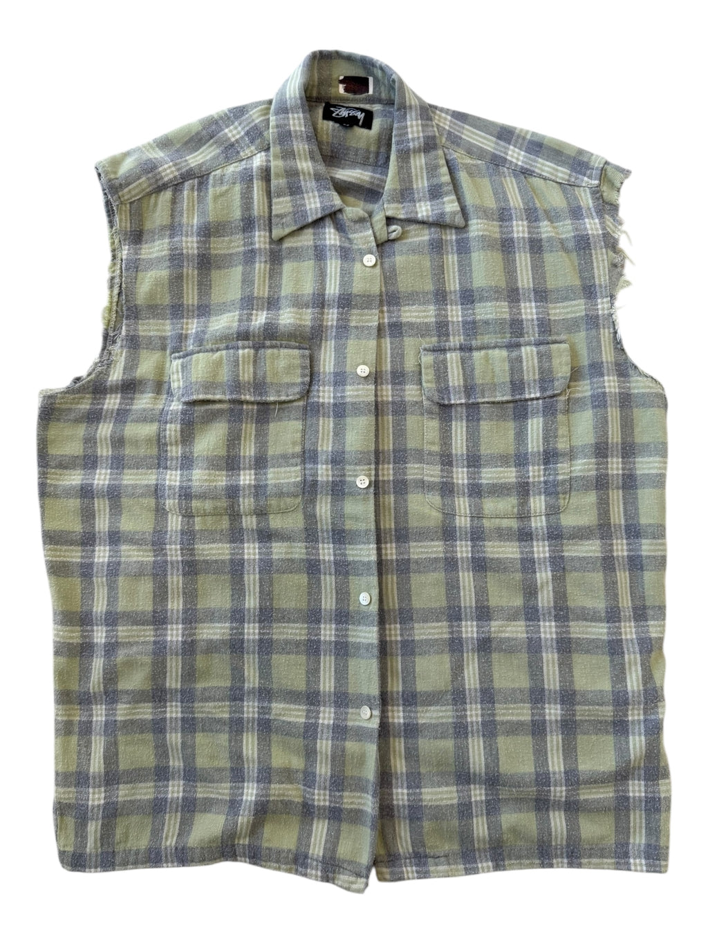 Stussy 80s Green Plaid Flannel Cut Off Sleeves Size Medium
