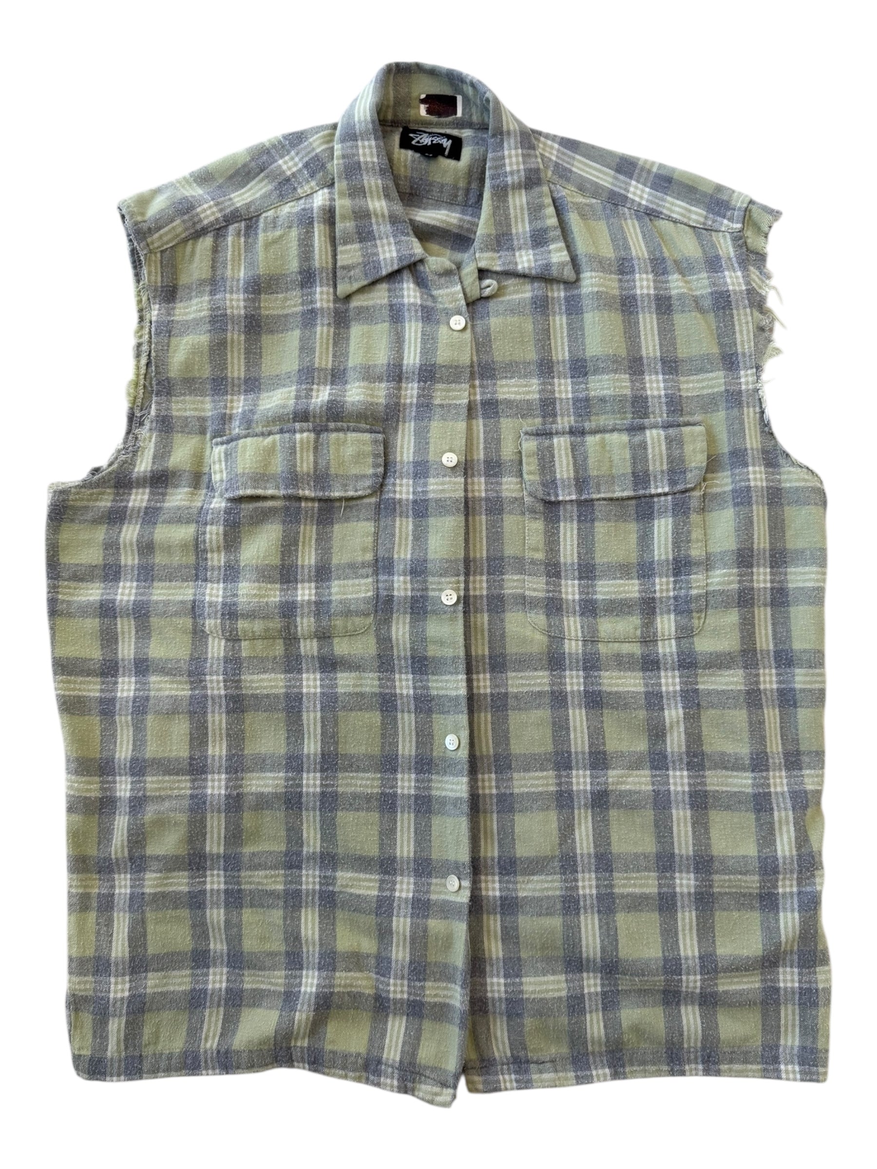 Stussy 80s Green Plaid Flannel Cut Off Sleeves Size Medium
