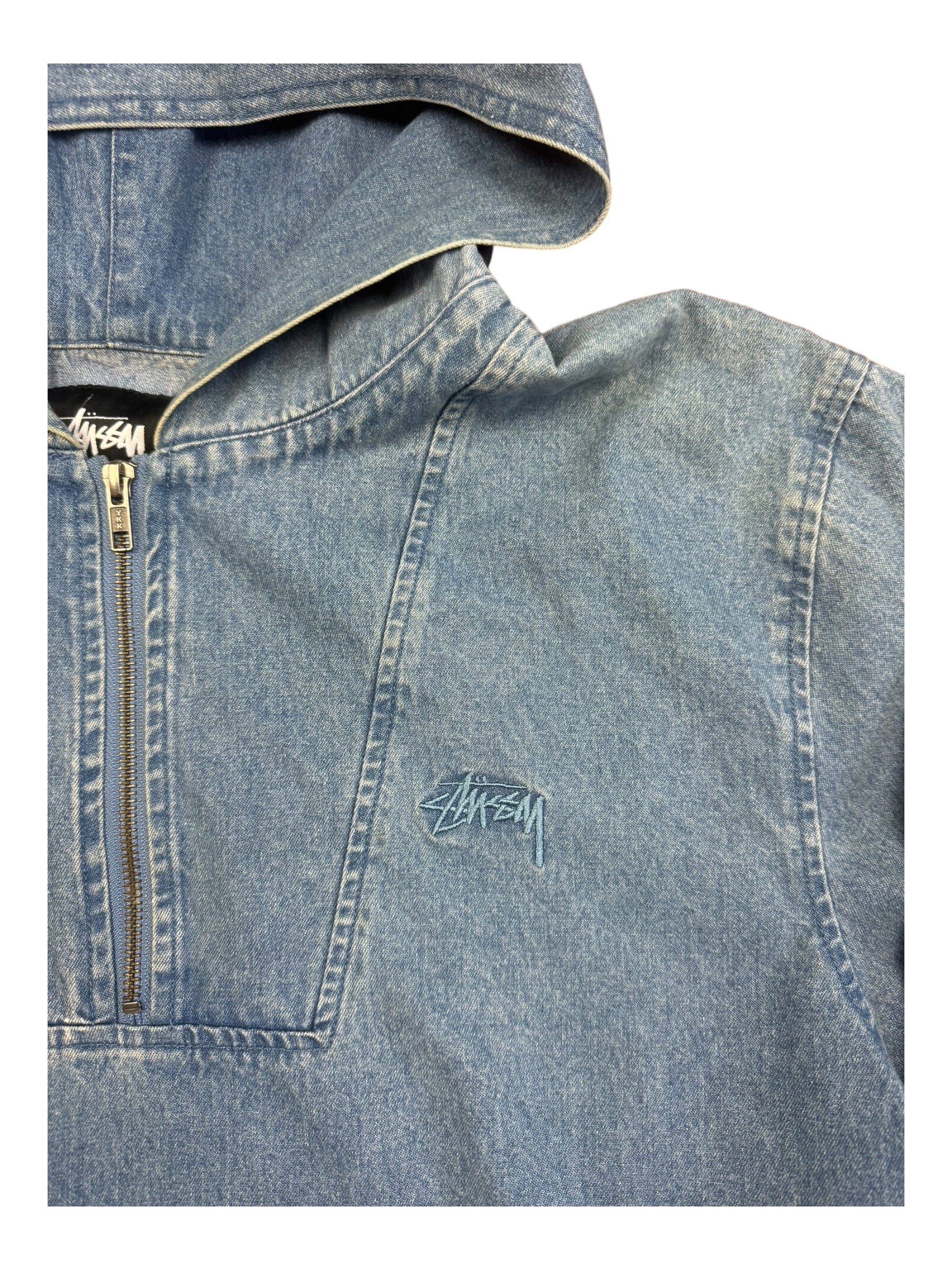 Stussy Denim Embroidered Quarter Zip Jacket Size Large