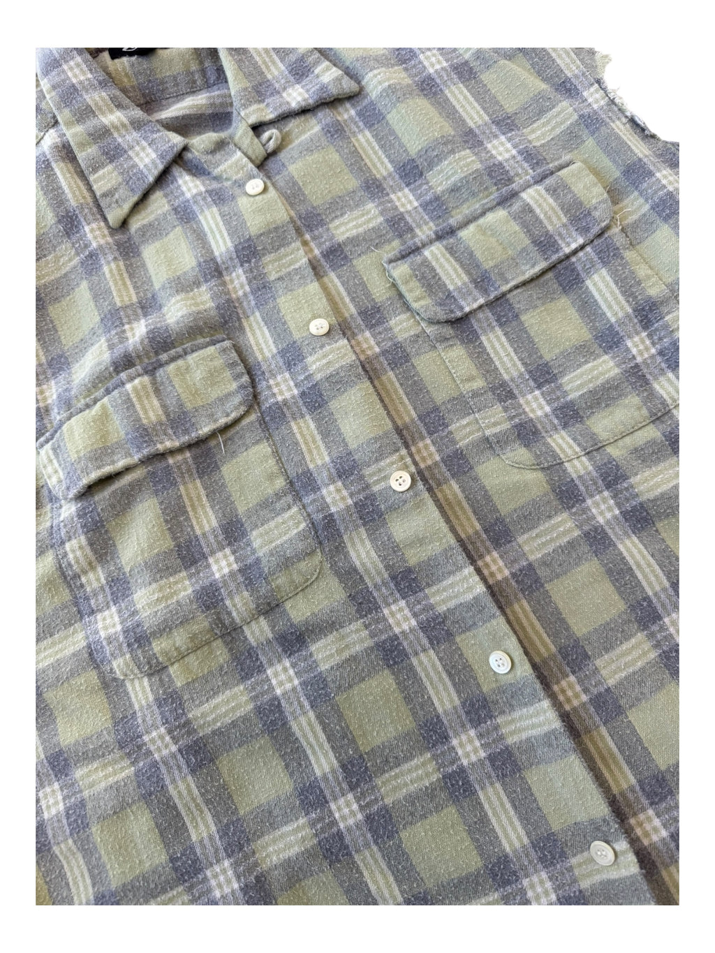 Stussy 80s Green Plaid Flannel Cut Off Sleeves Size Medium