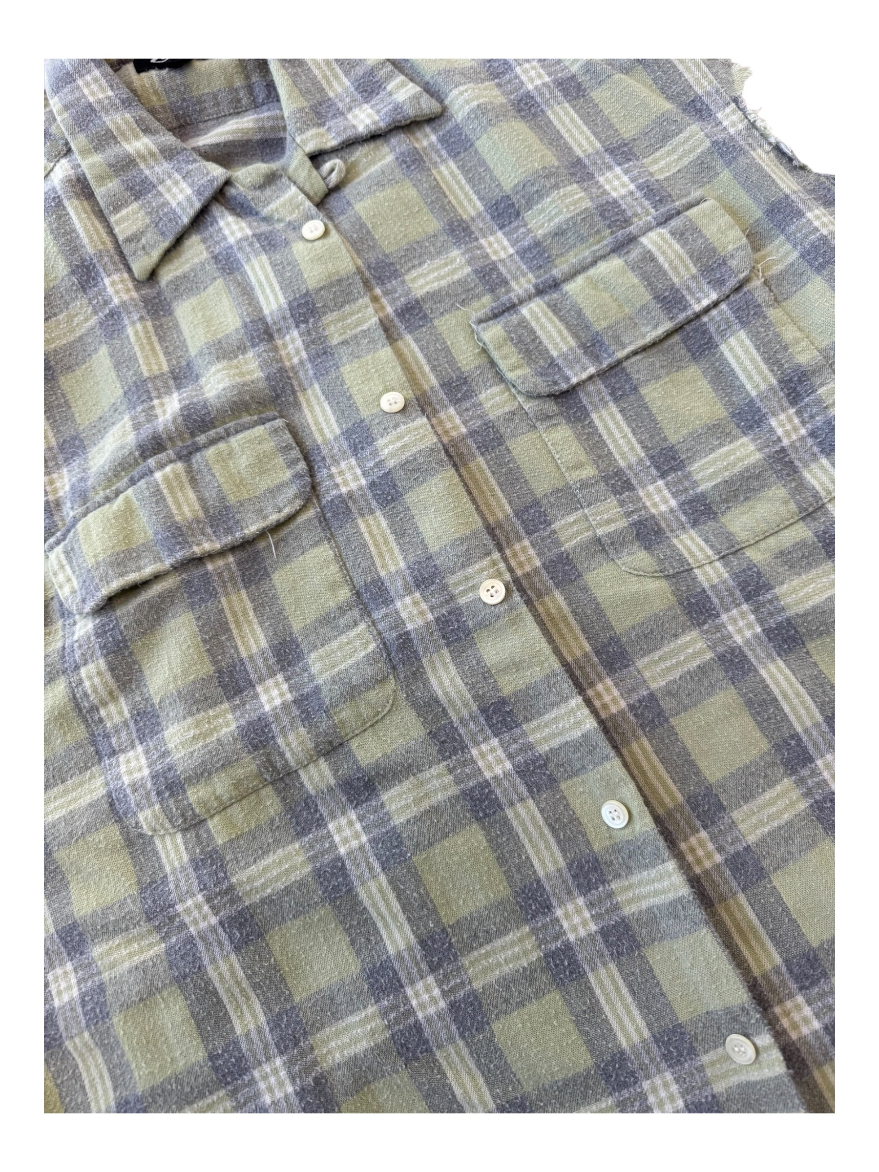 Stussy 80s Green Plaid Flannel Cut Off Sleeves Size Medium