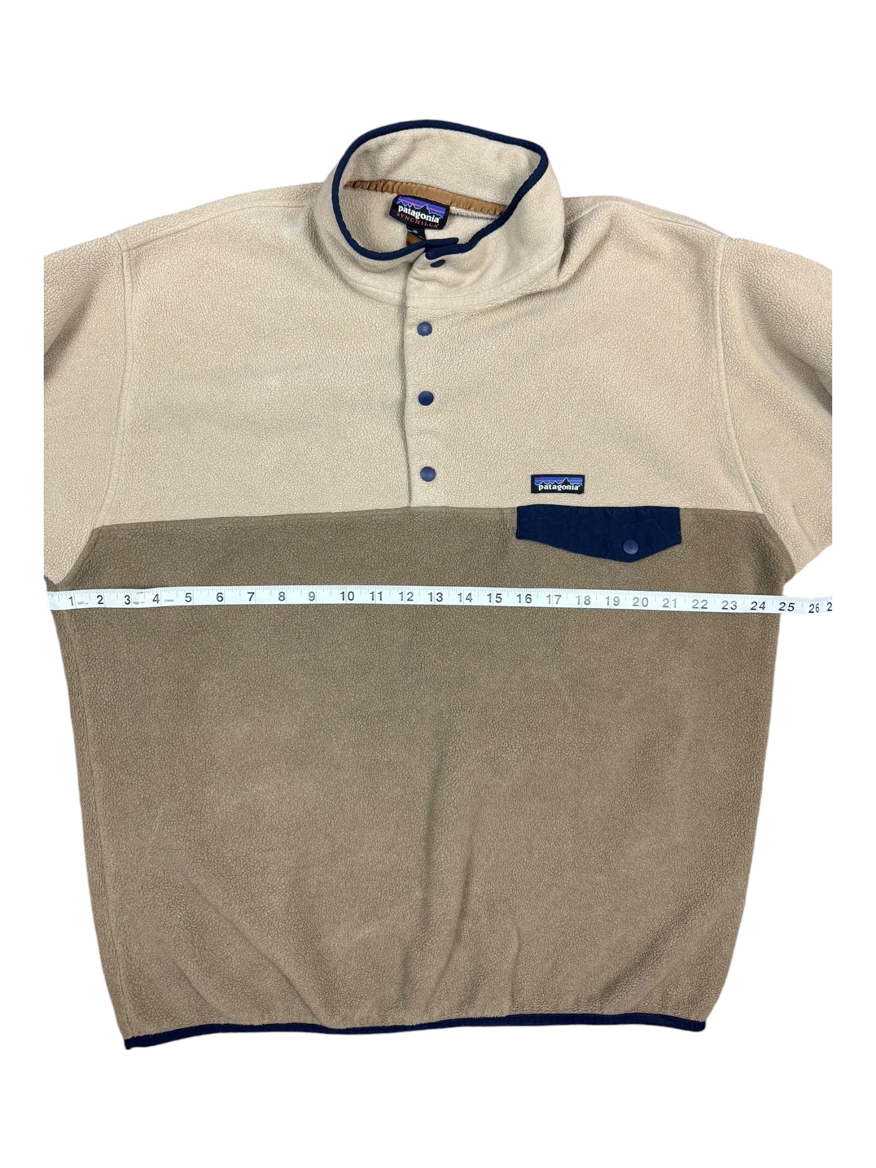 Patagonia Synchilla Jacket Mens XLarge Tan/Brown 2 Tone Fleece Pullover 1/4 Snap
