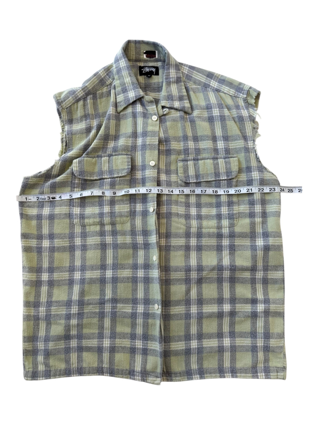 Stussy 80s Green Plaid Flannel Cut Off Sleeves Size Medium