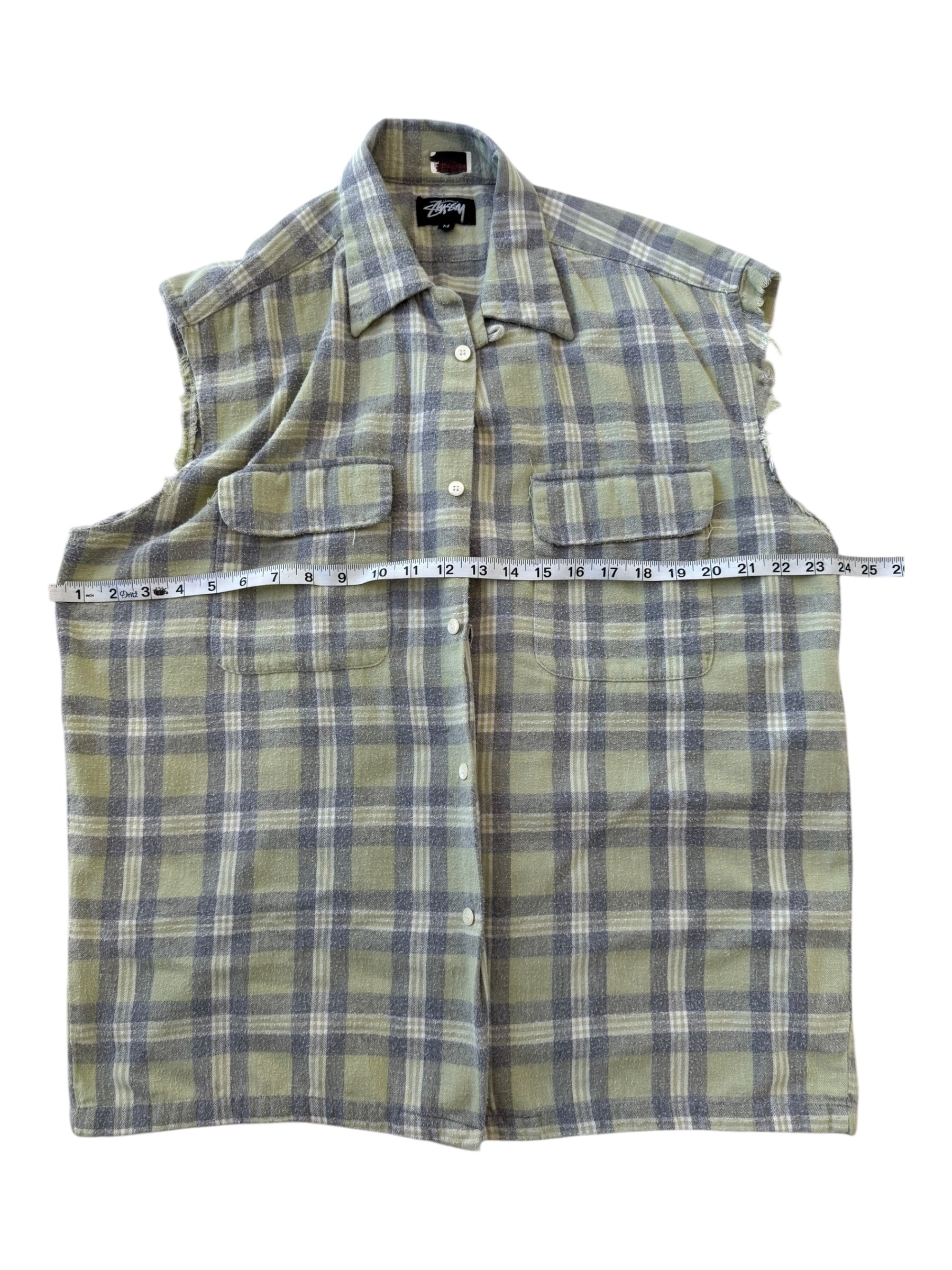 Stussy 80s Green Plaid Flannel Cut Off Sleeves Size Medium