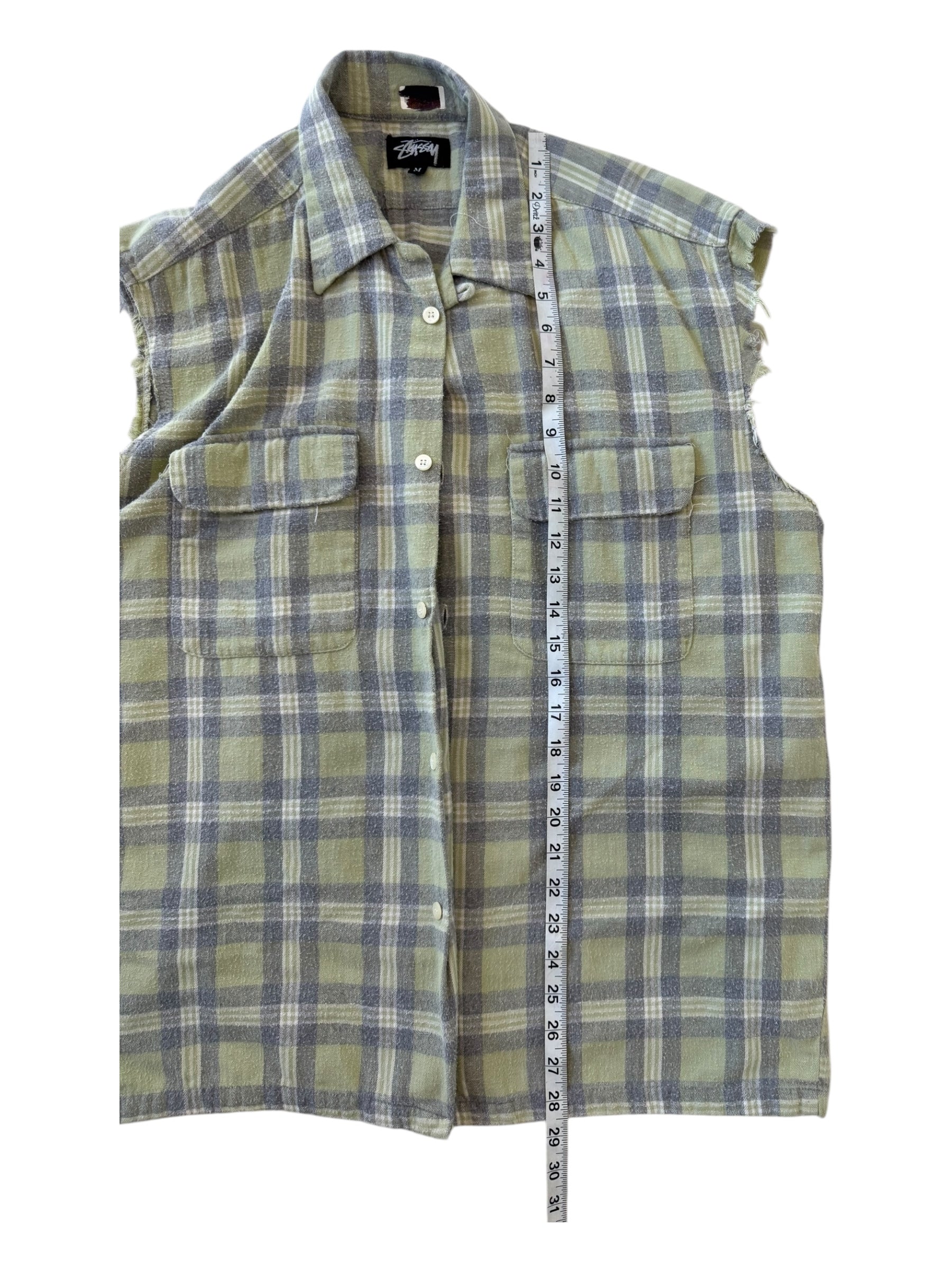 Stussy 80s Green Plaid Flannel Cut Off Sleeves Size Medium