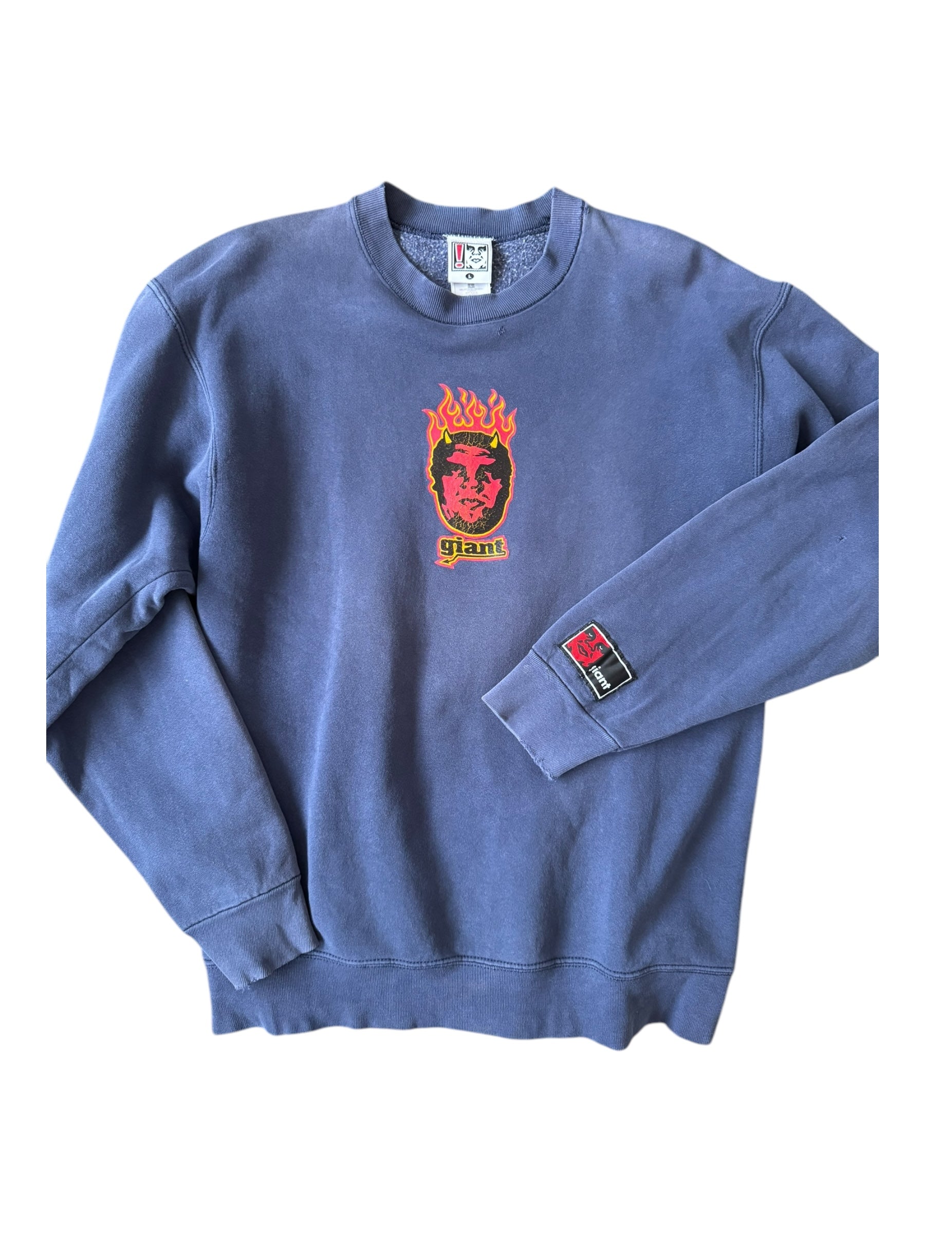 Obey 90s Navy Giant Flaming Head Logo Crewneck Size Large