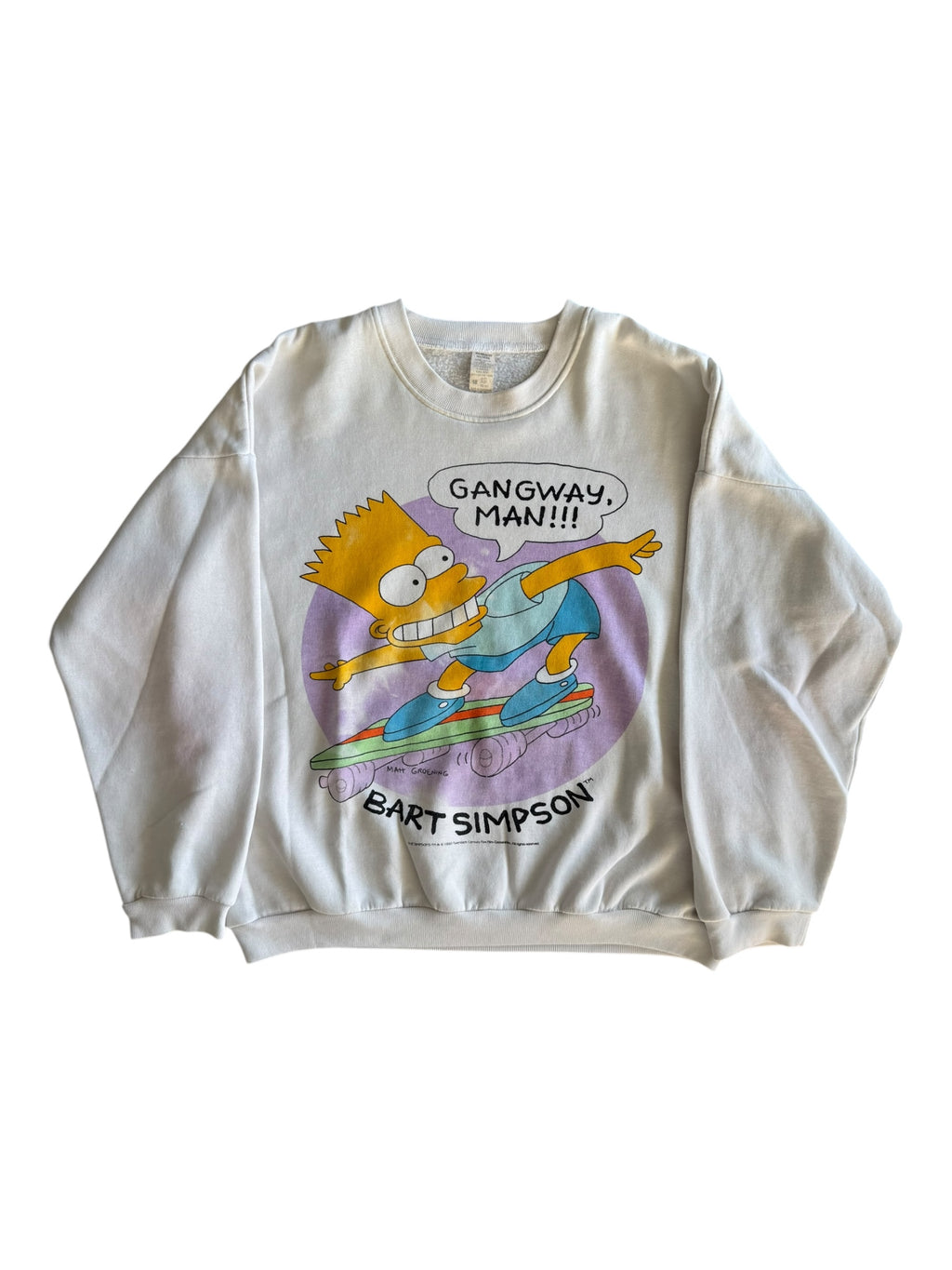 The Simpsons White Crewneck 24x25 Bart Skateboard Gangway Man 90s