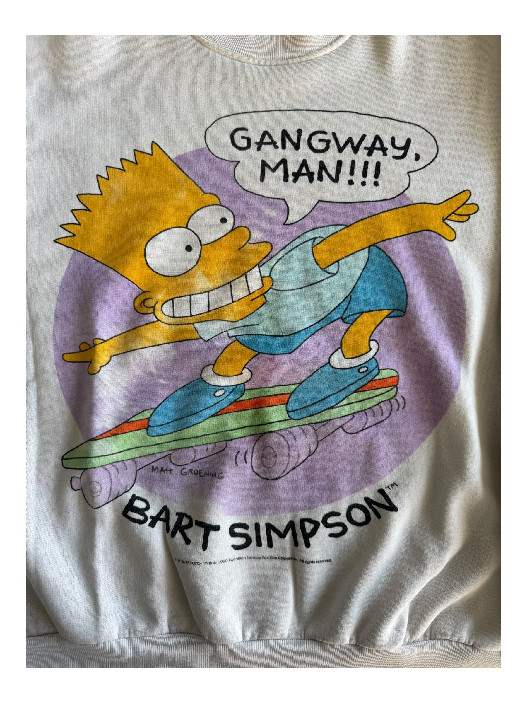 The Simpsons White Crewneck 24x25 Bart Skateboard Gangway Man 90s
