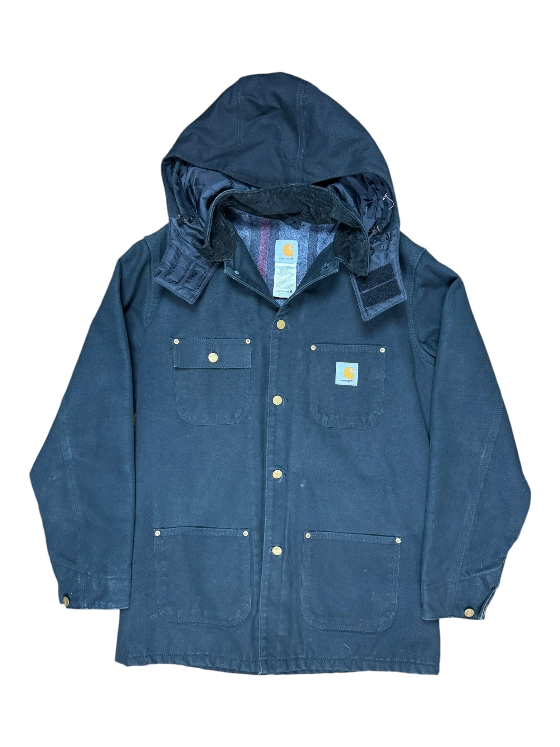 Carhartt 90s Black Striped Fleece Lined Jacket & Detachable Hood Deadstock Size Medium Tall