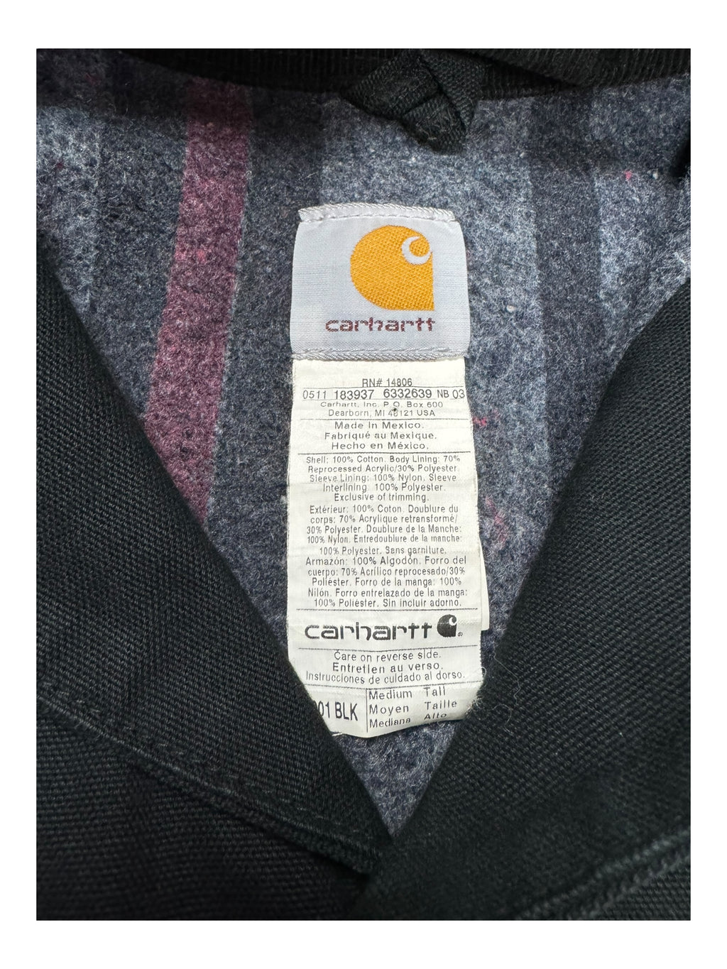 Carhartt 90s Black Striped Fleece Lined Jacket & Detachable Hood Deadstock Size Medium Tall