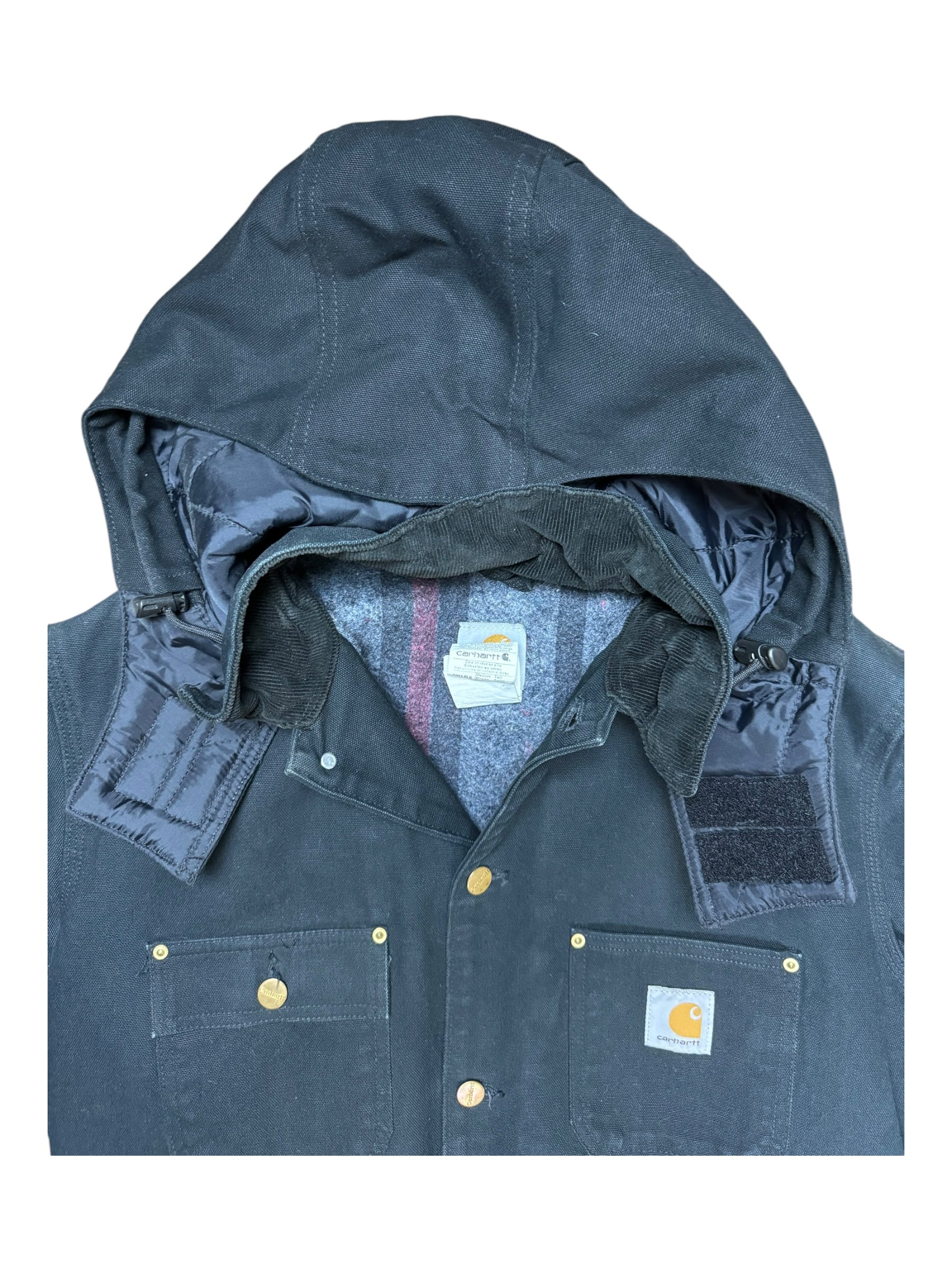 Carhartt 90s Black Striped Fleece Lined Jacket & Detachable Hood Deadstock Size Medium Tall