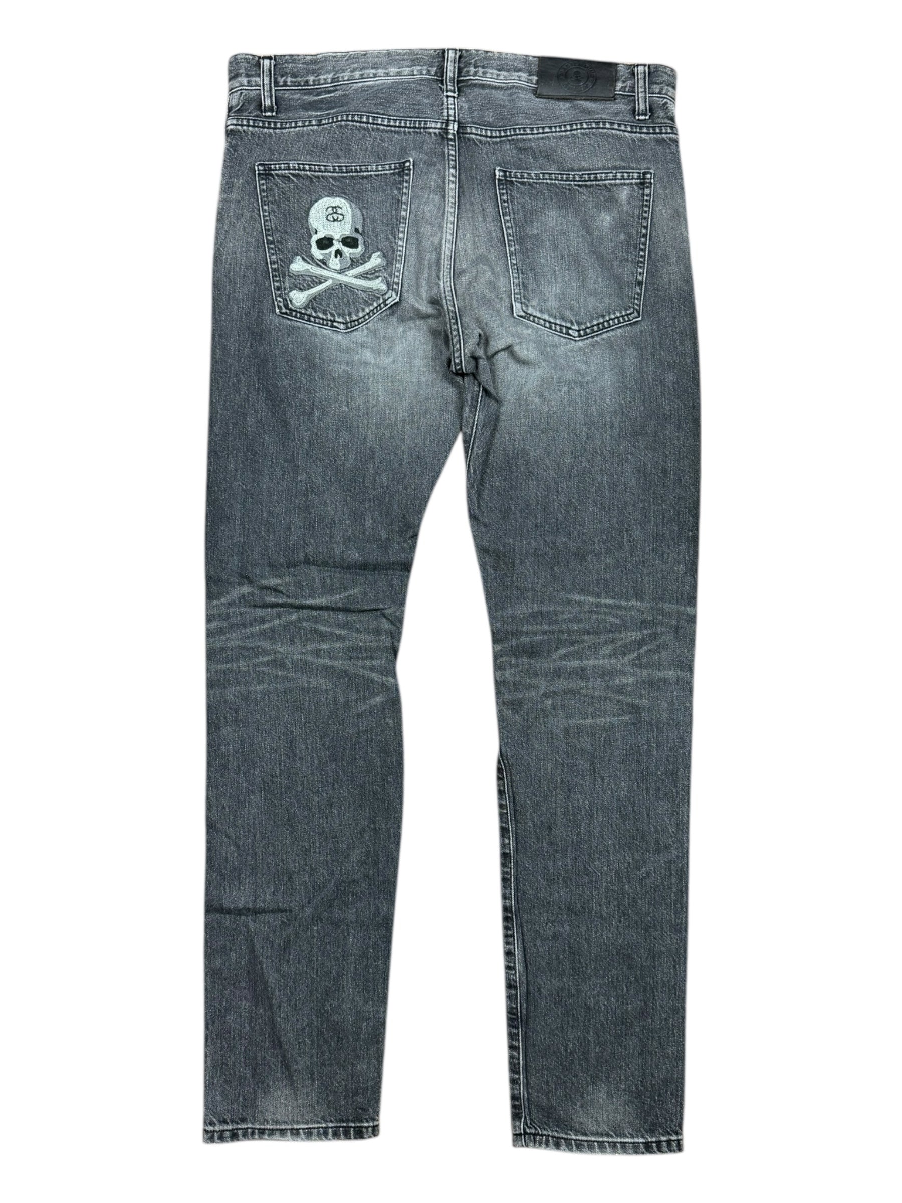 Stussy x Mastermind Black Denim Jeans Skull & Crossbones No Button Size 30/32
