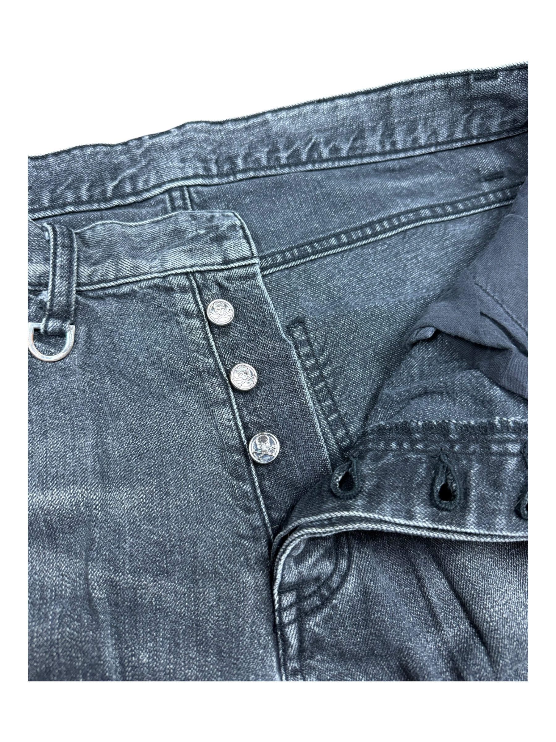 Stussy x Mastermind Black Denim Jeans Skull & Crossbones No Button Size 30/32