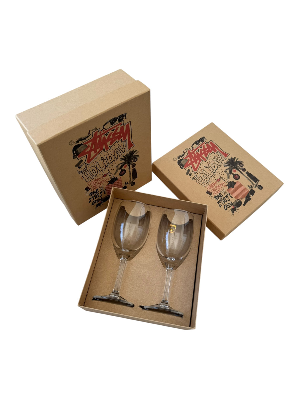 Stussy 00s Holiday Wine Glass Set 4 Individual Wine Glasses Gold Print