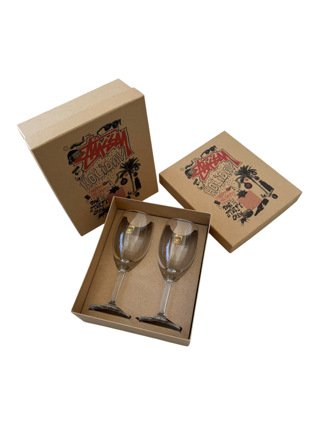 Stussy 00s Holiday Wine Glass Set 4 Individual Wine Glasses Gold Print