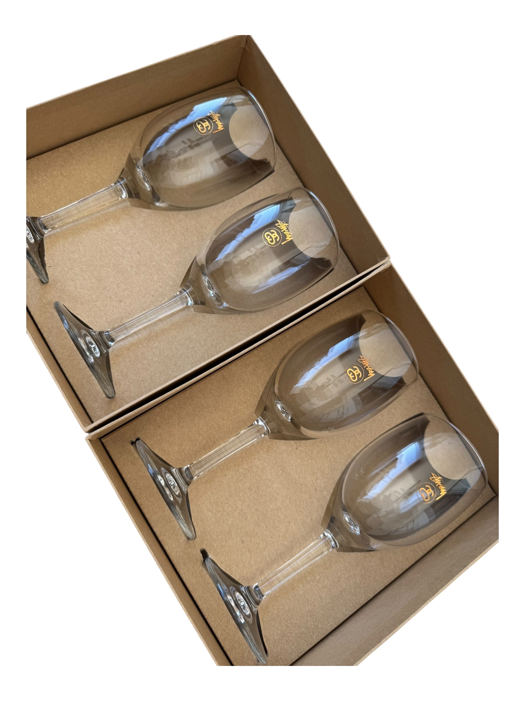 Stussy 00s Holiday Wine Glass Set 4 Individual Wine Glasses Gold Print