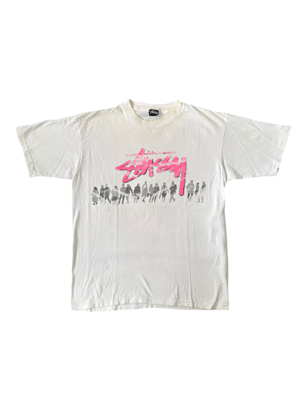 Stussy 80s Beach Crew Pink Logo White T-Shirt Size XL