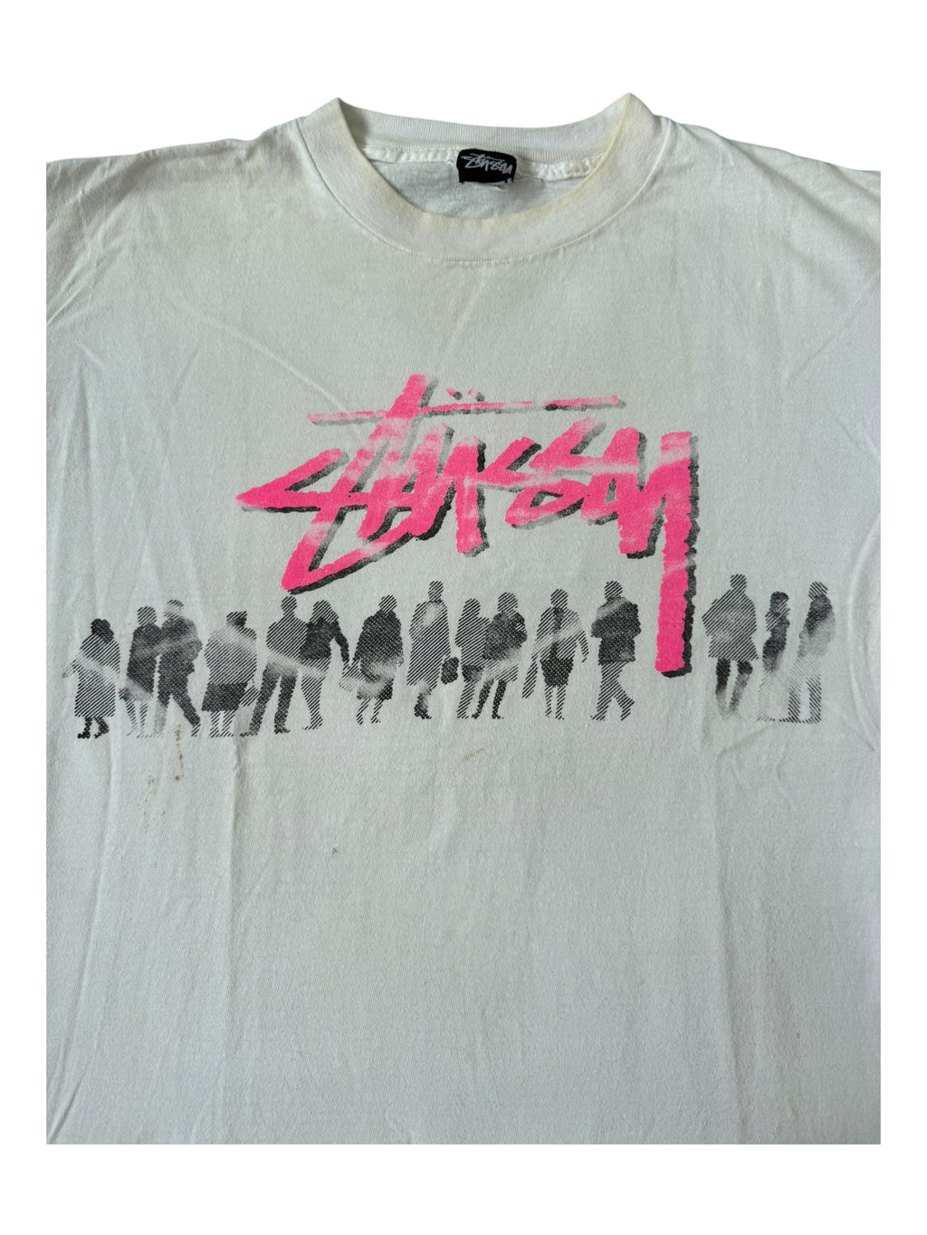 Stussy 80s Beach Crew Pink Logo White T-Shirt Size XL