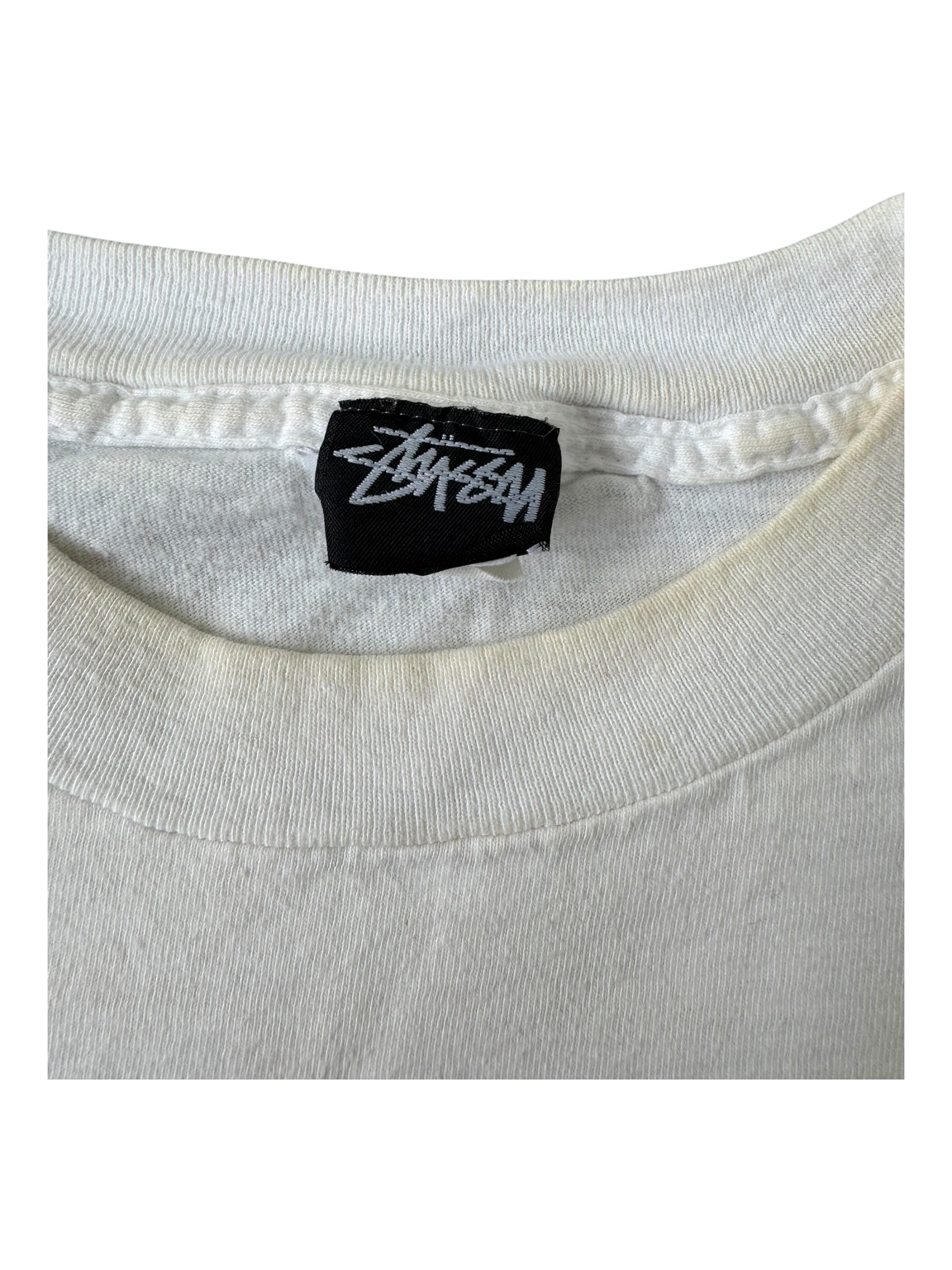 Stussy 80s Beach Crew Pink Logo White T-Shirt Size XL
