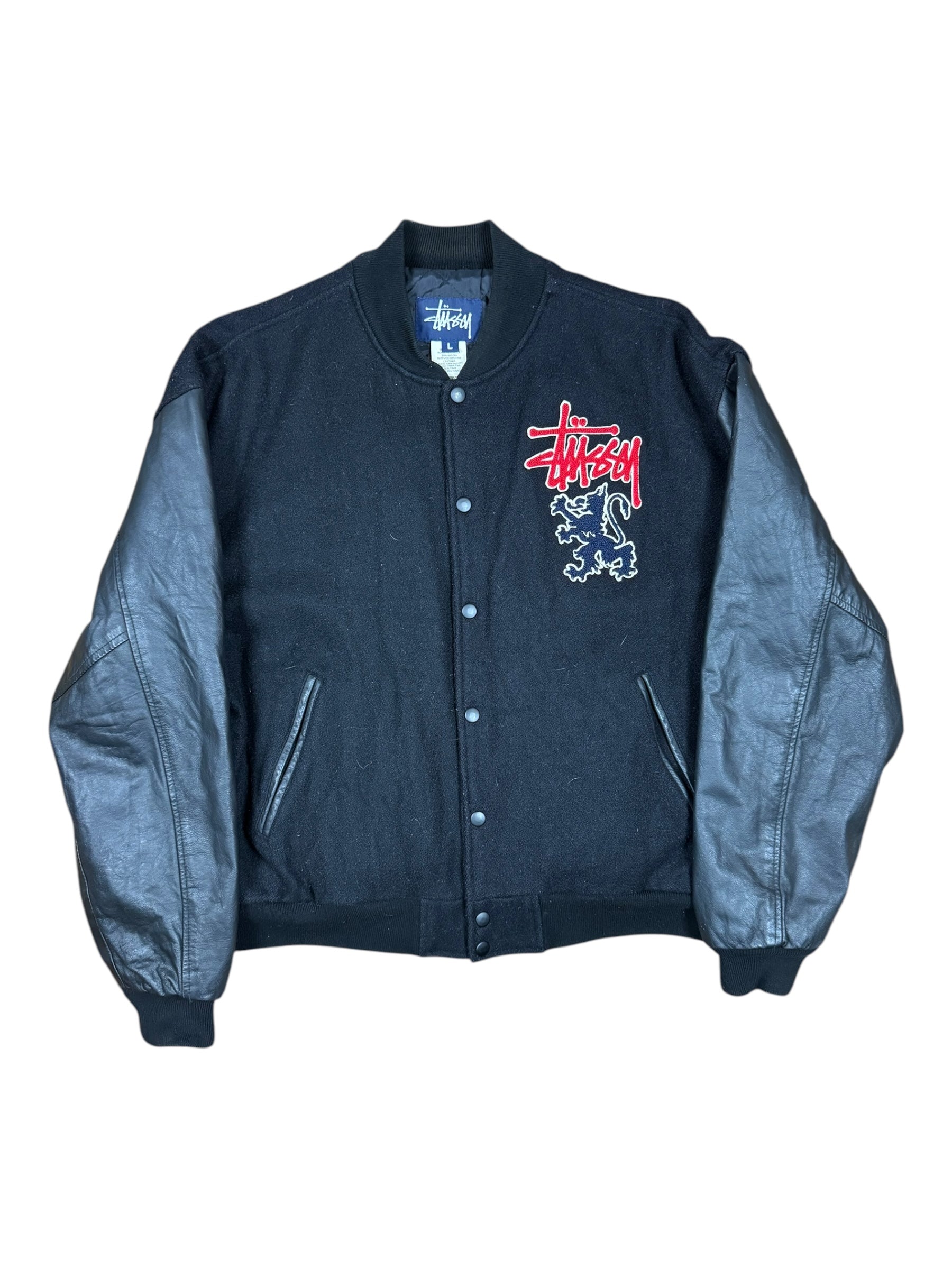 Stussy 90s Black Lion Patch Varsity Jacket Size Large
