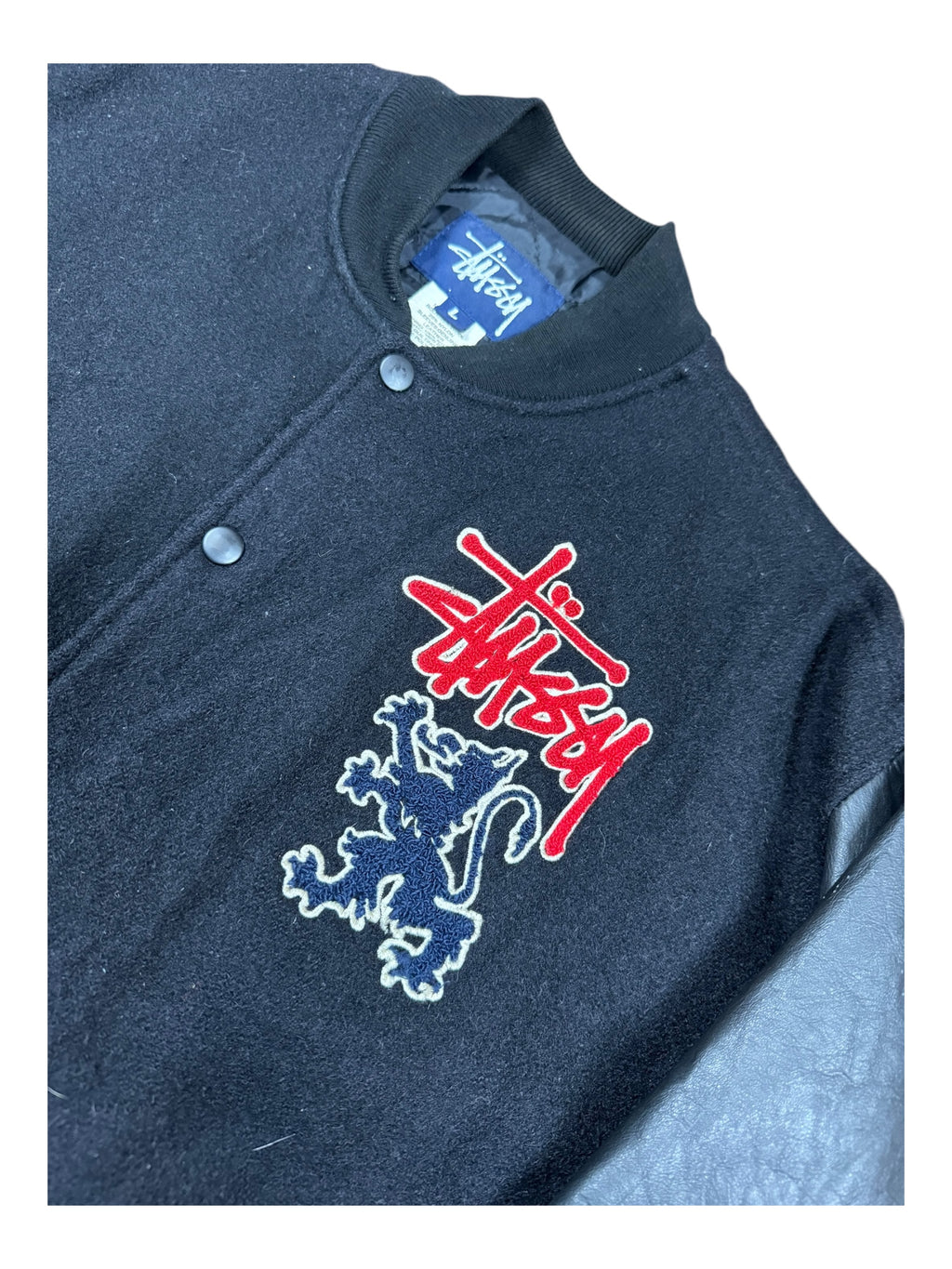 Stussy 90s Black Lion Patch Varsity Jacket Size Large