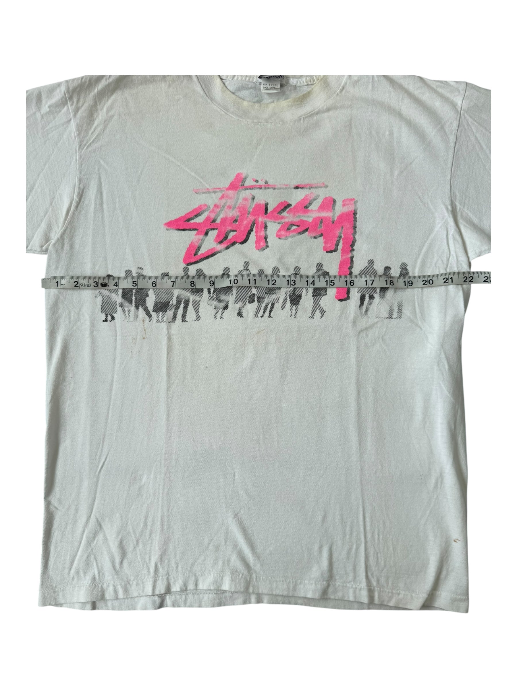Stussy 80s Beach Crew Pink Logo White T-Shirt Size XL