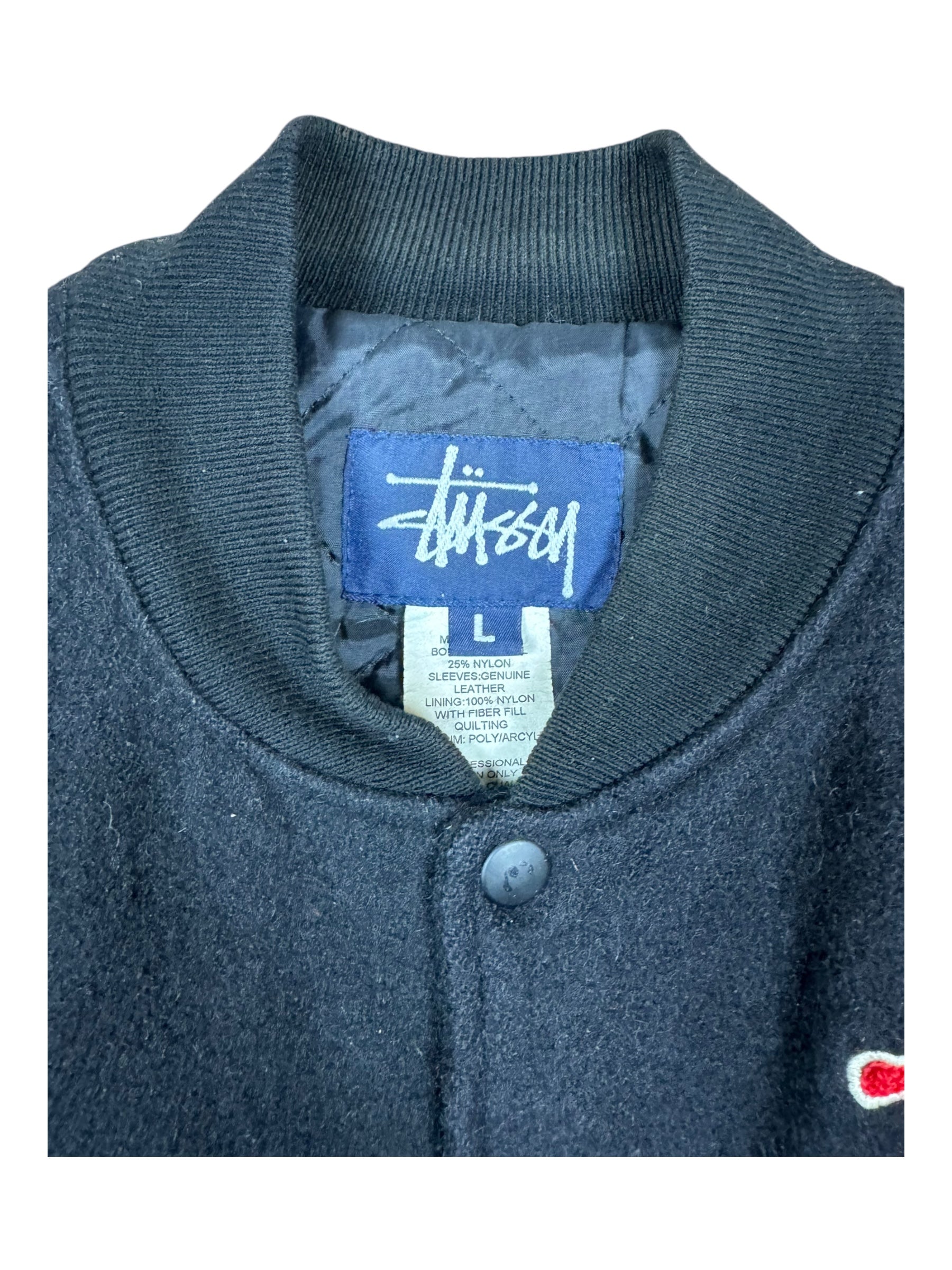 Stussy 90s Black Lion Patch Varsity Jacket Size Large