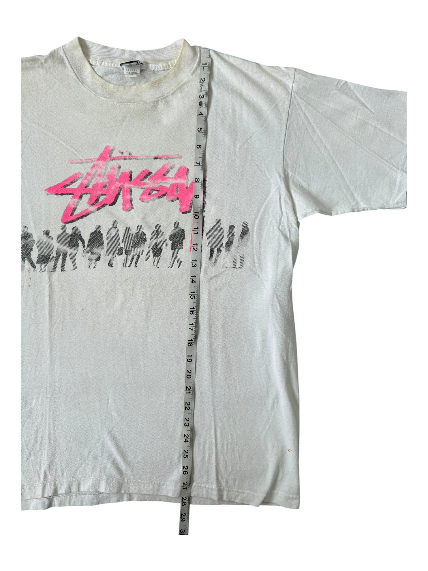Stussy 80s Beach Crew Pink Logo White T-Shirt Size XL