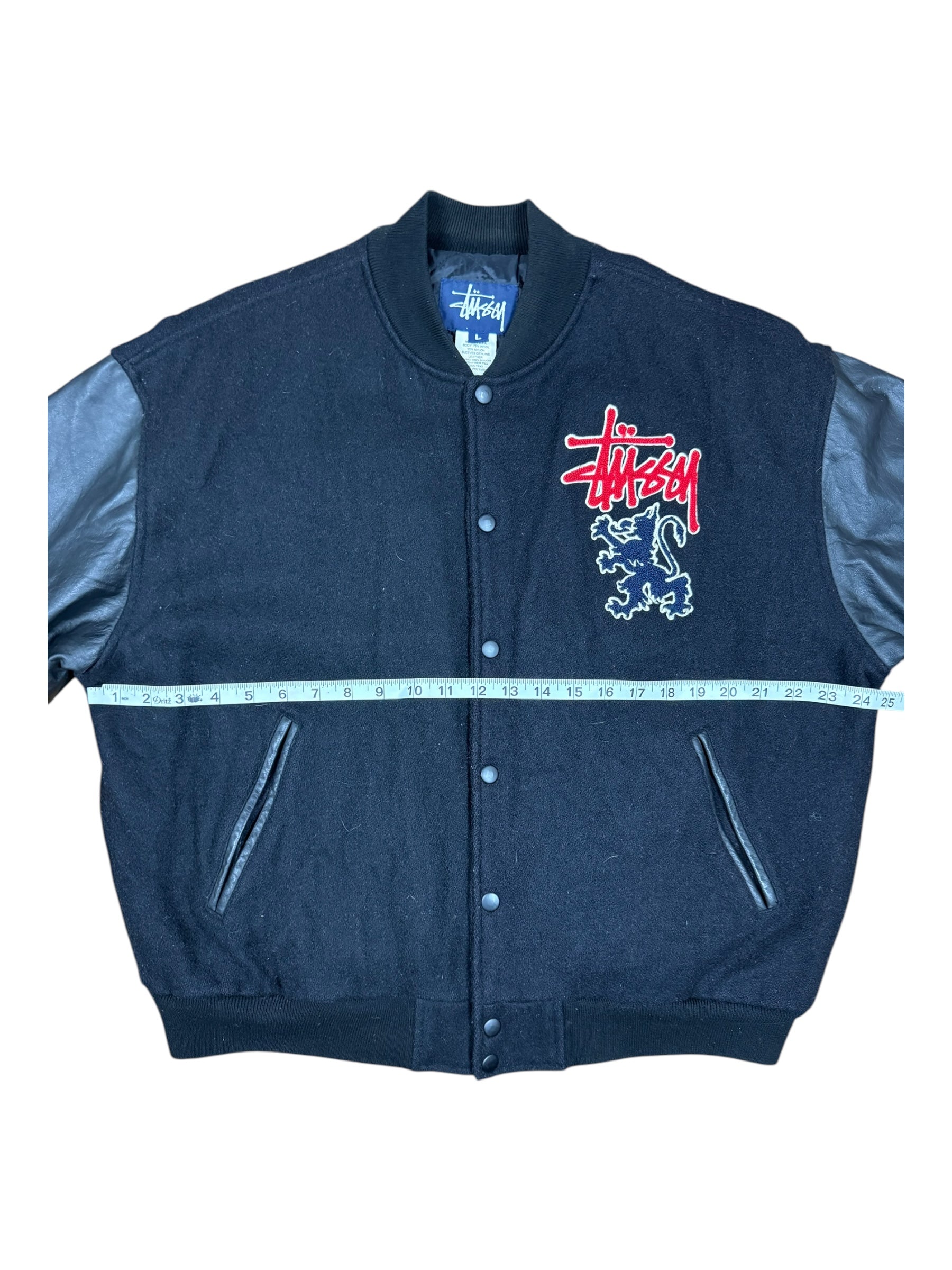 Stussy 90s Black Lion Patch Varsity Jacket Size Large