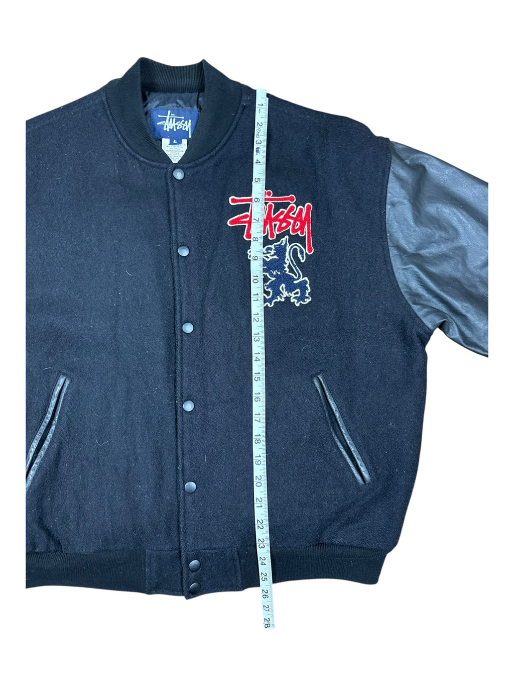Stussy 90s Black Lion Patch Varsity Jacket Size Large