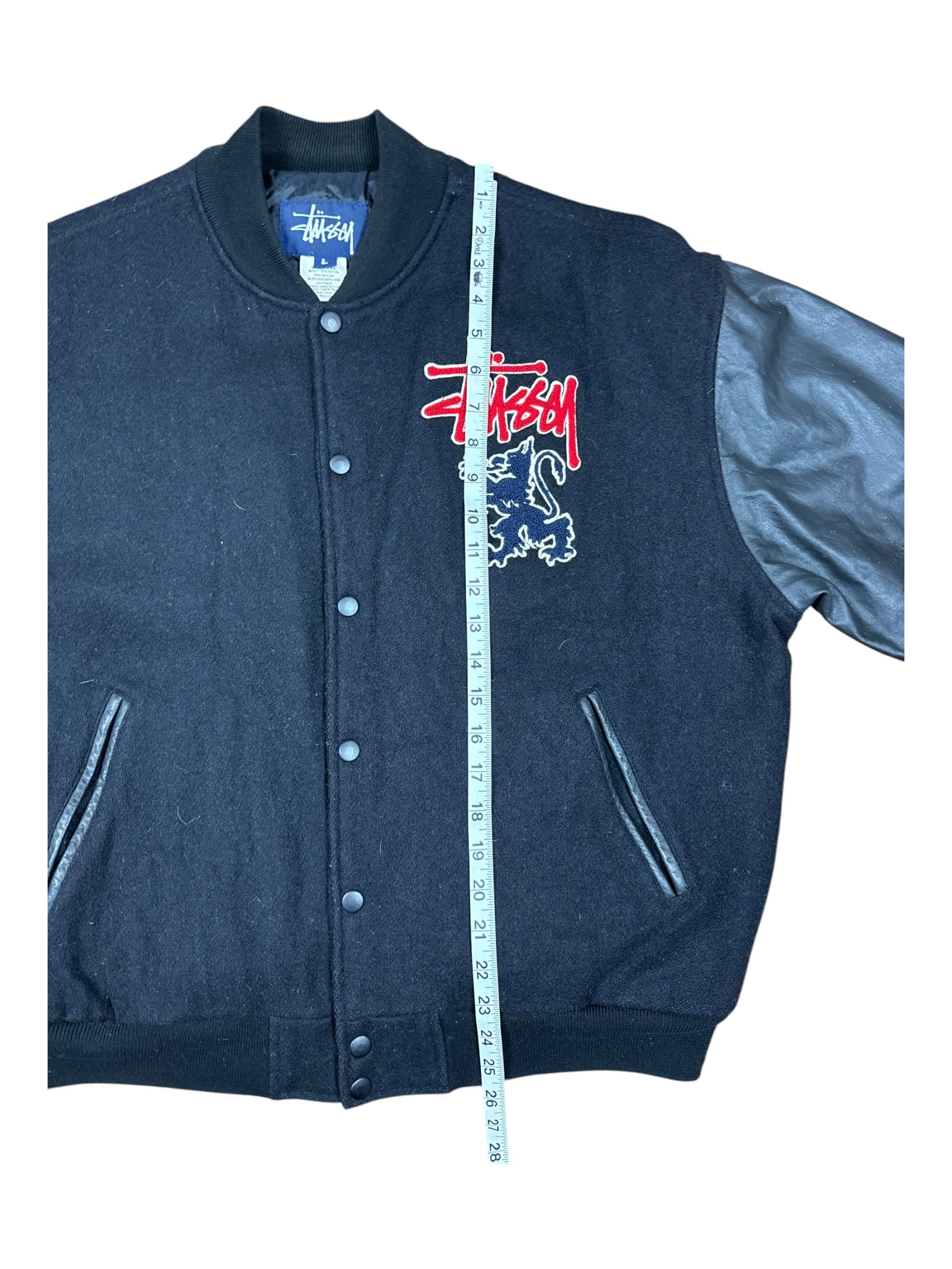 Stussy 90s Black Lion Patch Varsity Jacket Size Large