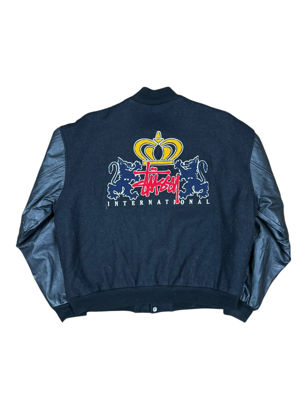 Stussy 90s Black Lion Patch Varsity Jacket Size Large