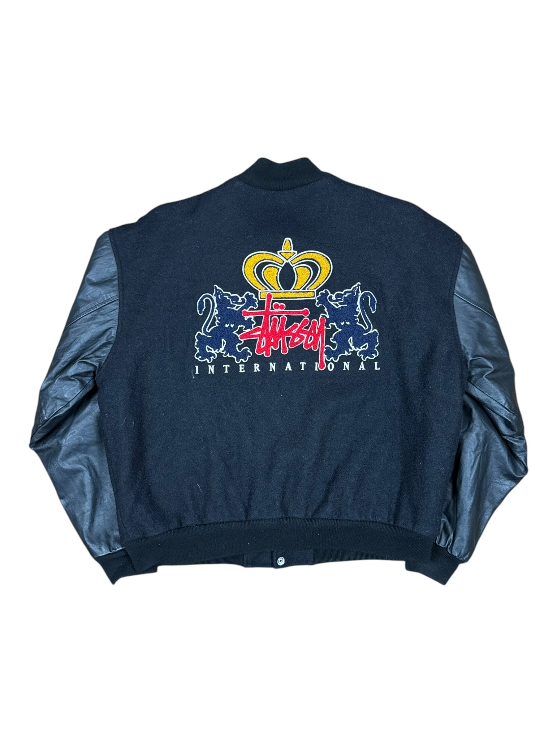 Stussy 90s Black Lion Patch Varsity Jacket Size Large