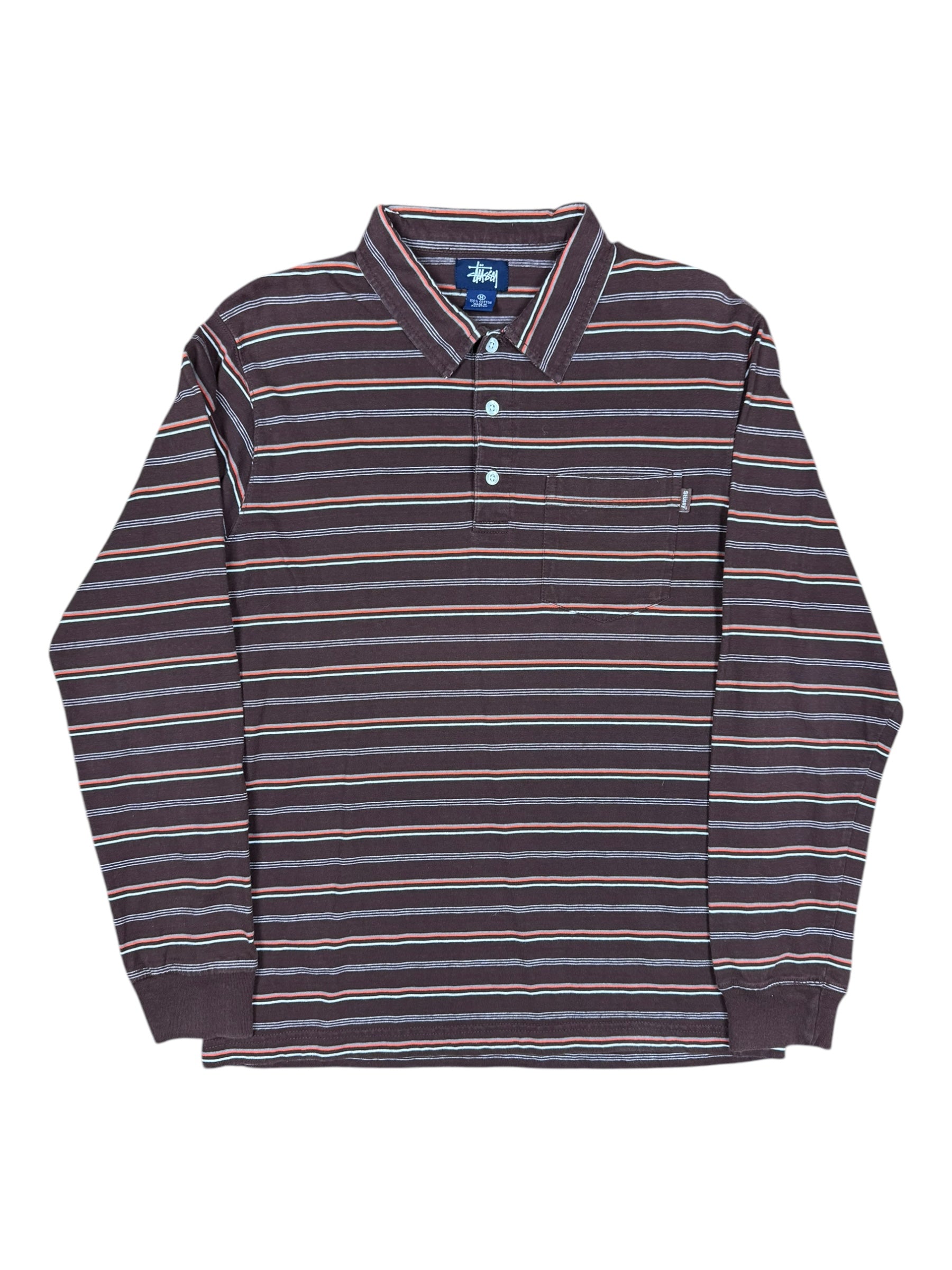 Stussy 90s Brown Striped Polo Long Sleeved Top Size Medium