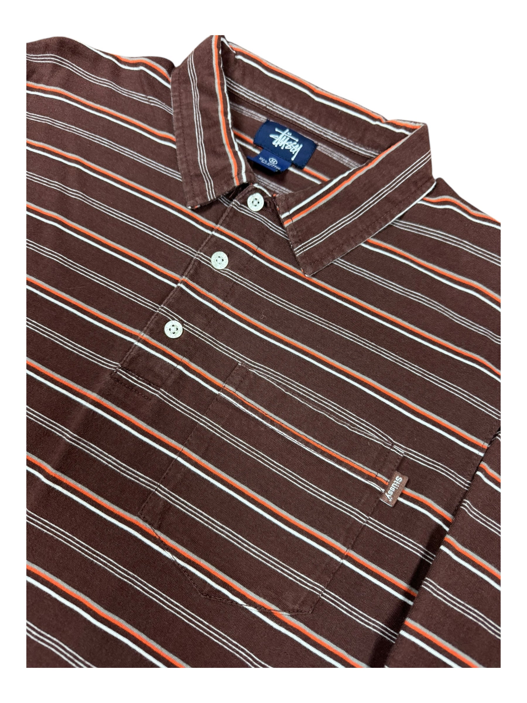 Stussy 90s Brown Striped Polo Long Sleeved Top Size Medium