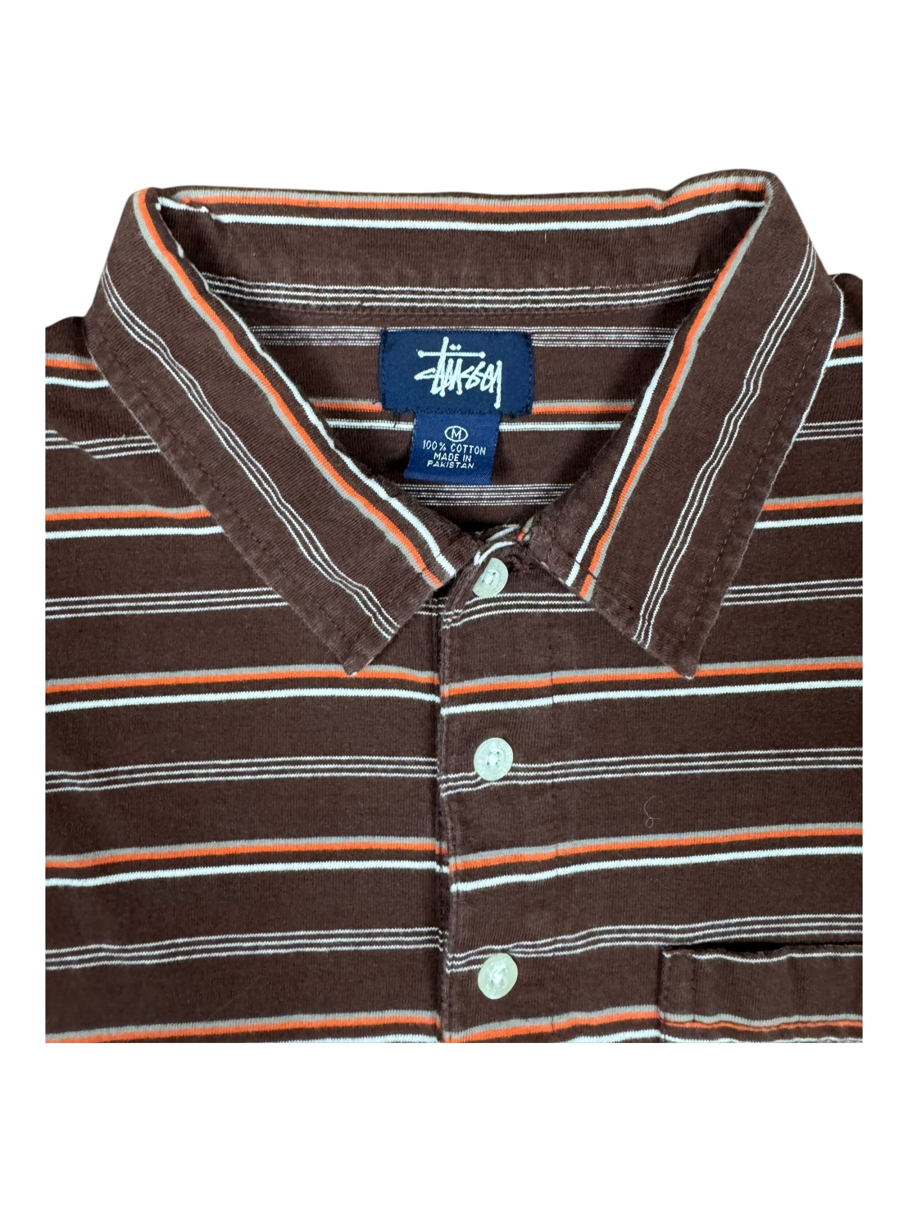 Stussy 90s Brown Striped Polo Long Sleeved Top Size Medium