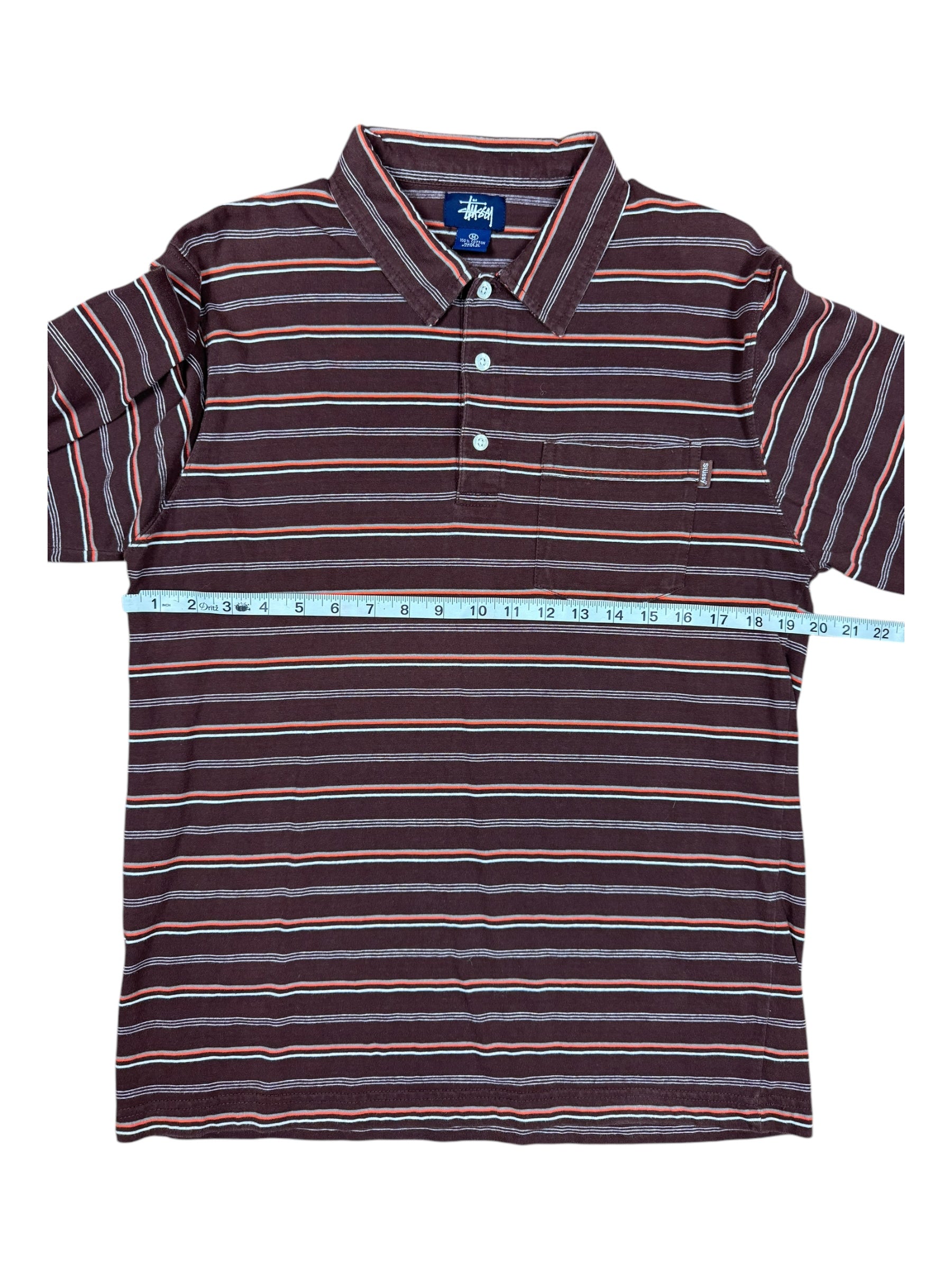 Stussy 90s Brown Striped Polo Long Sleeved Top Size Medium