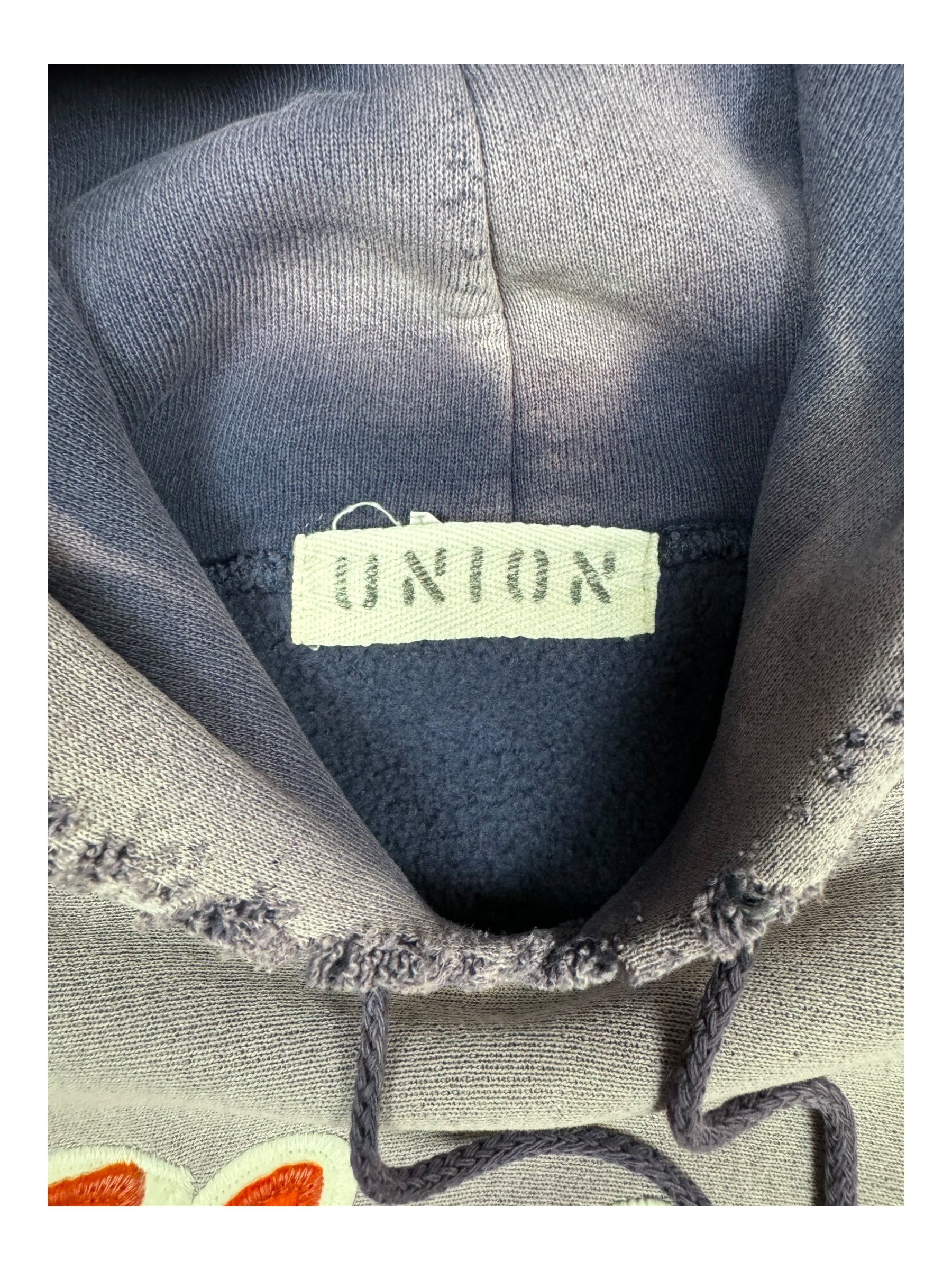 Union 90s Navy Script Logo Hoodie Perfectly Smoky Fade Size Large