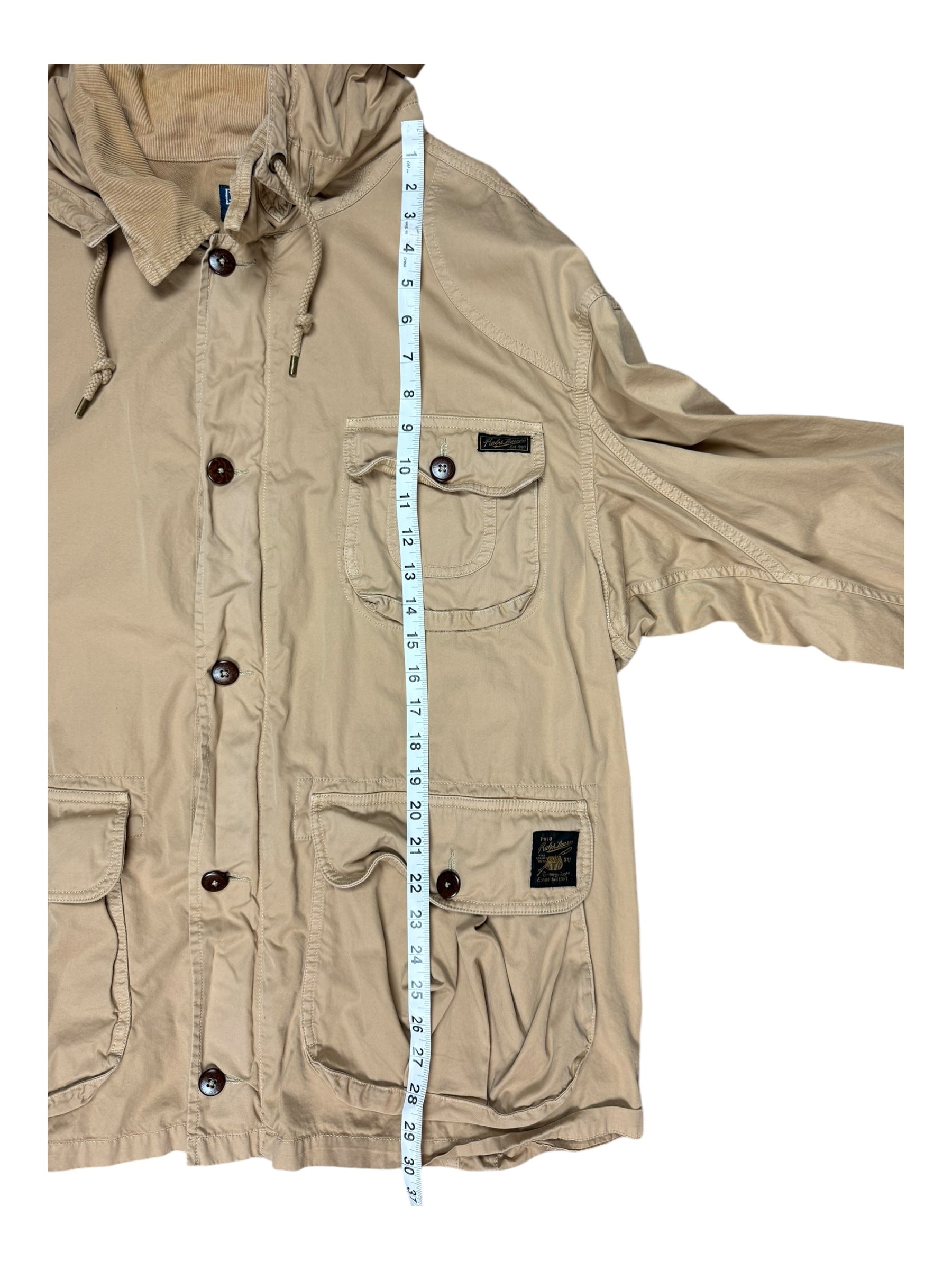 Polo Ralph Lauren 90s Khaki Utility Pocket Jacket Corduroy Collar Size XXL