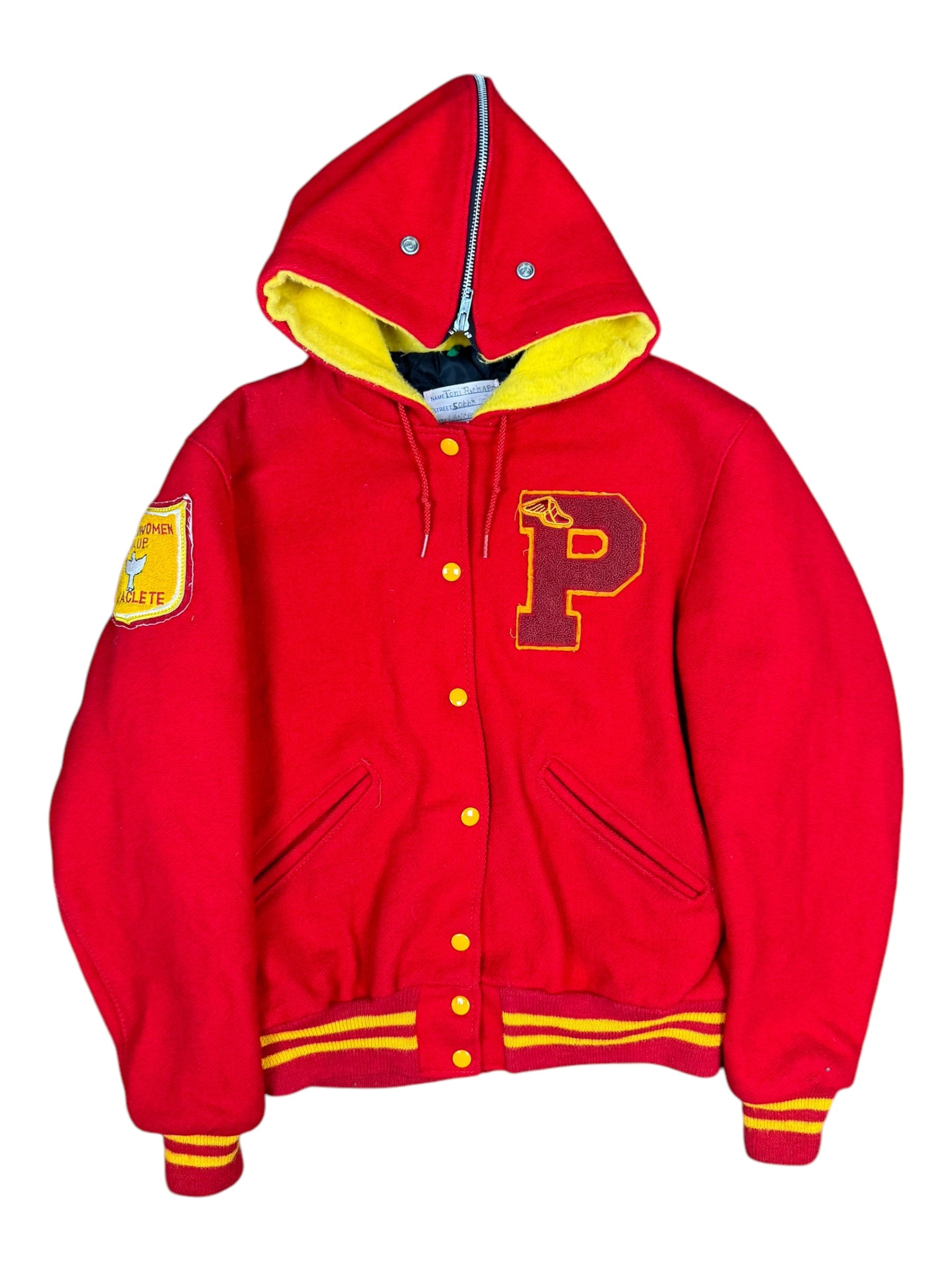 "P Wing" Wool Letterman Varsity Jacket Size L Red/Gold Delong Split Hood