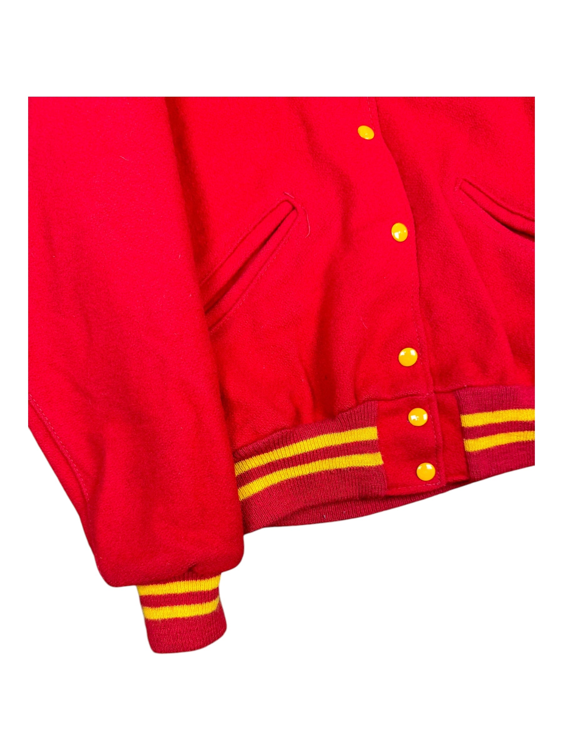 "P Wing" Wool Letterman Varsity Jacket Size L Red/Gold Delong Split Hood