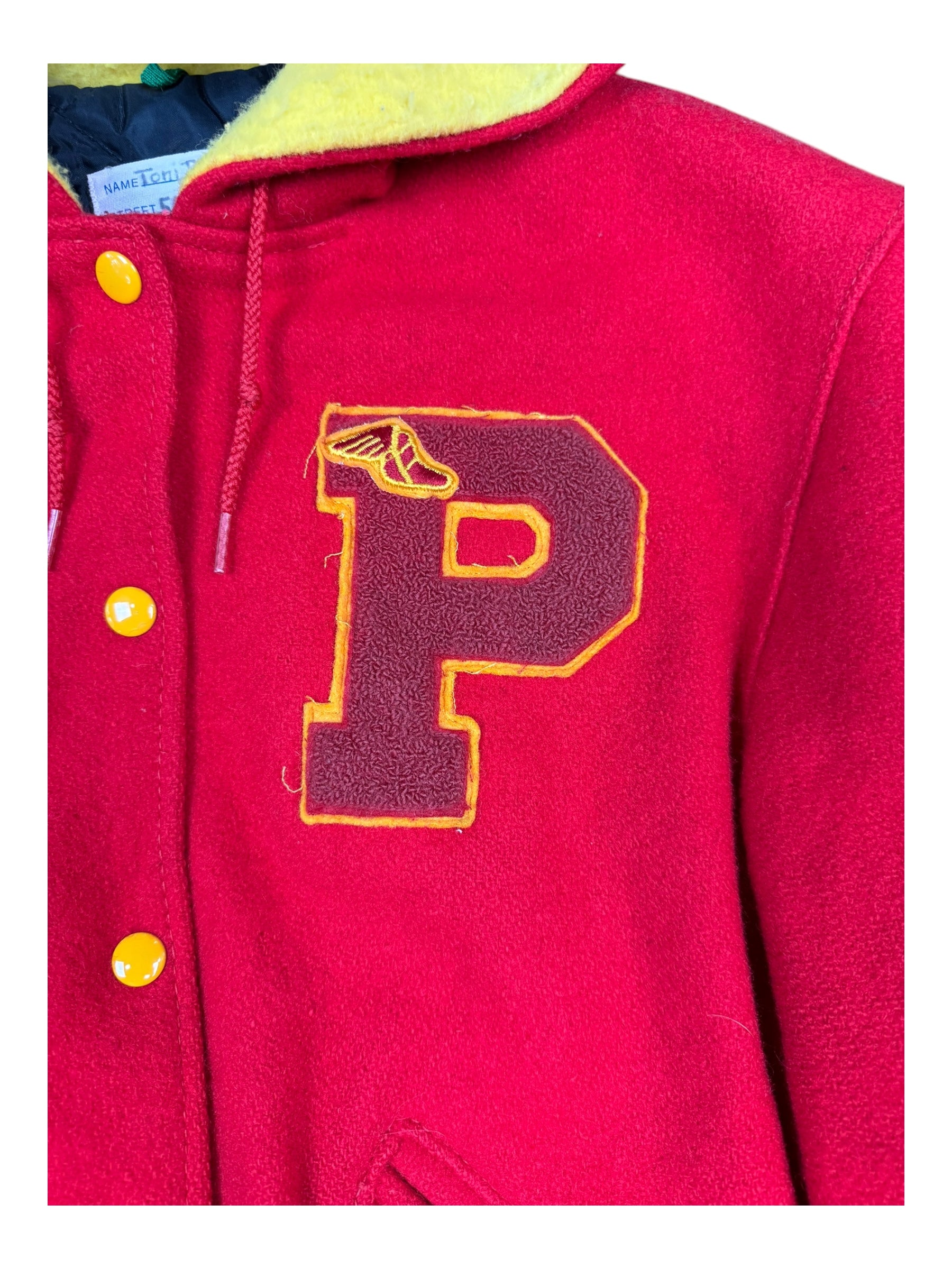 "P Wing" Wool Letterman Varsity Jacket Size L Red/Gold Delong Split Hood