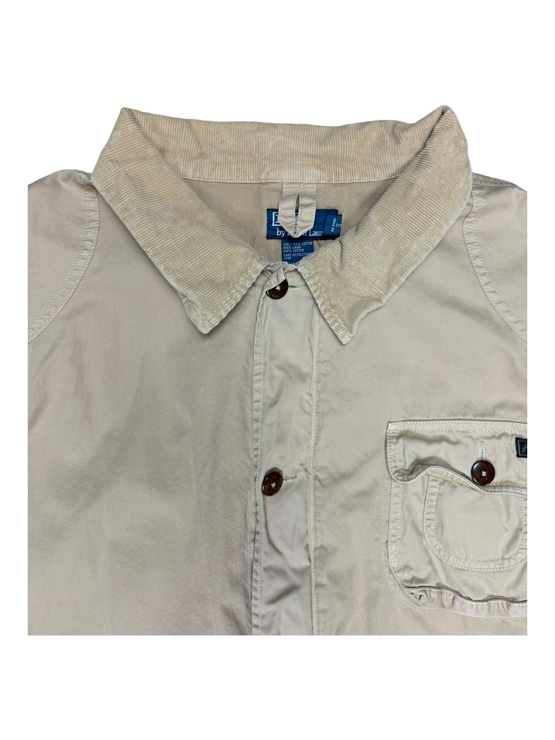Polo Ralph Lauren 90s Khaki Utility Pocket Jacket Corduroy Collar Size XXL